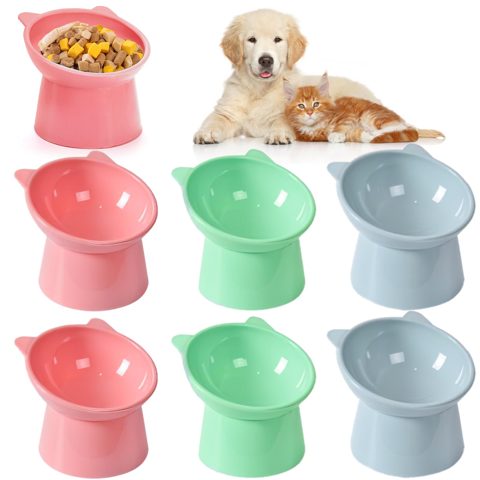 Mezchi 6 Pack Raised Cat Bowls for Indoor Cats, Plastic Elevated Cat Bowls Dishes, 15 Degrees Tilted Cat Food Bowls, Anti-Vomiting and Whisker Friendly, 3 Colors