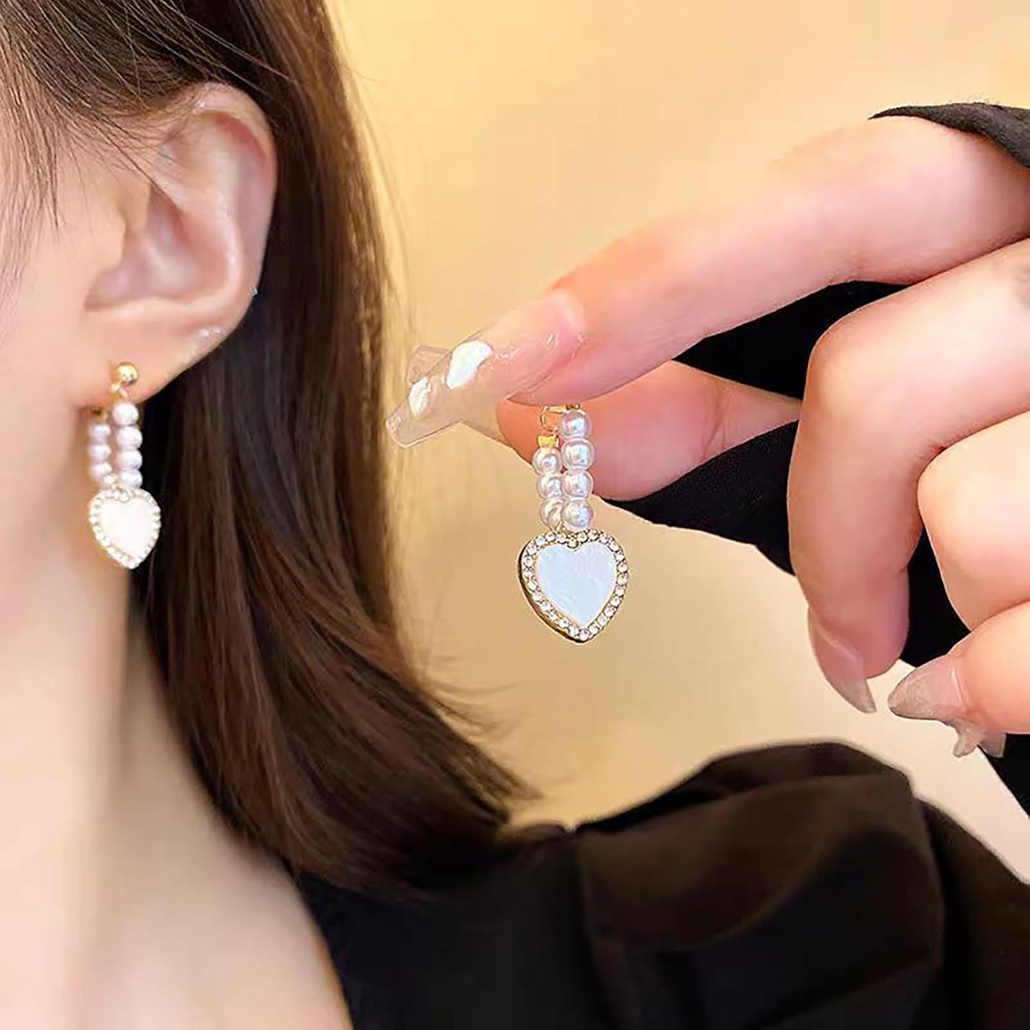 Bohemian Crystal Heart Jacket Earrings Gold Cz Heart Dangle Earrings Pearl Tassel Chain Drop Earrings White Rhinestone Heart Earrings Jewelry for Women - Image 5