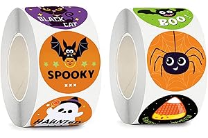 1000 PCS Halloween Stickers, 2 Rolls Halloween Pumpkin Bat Spider Stickers