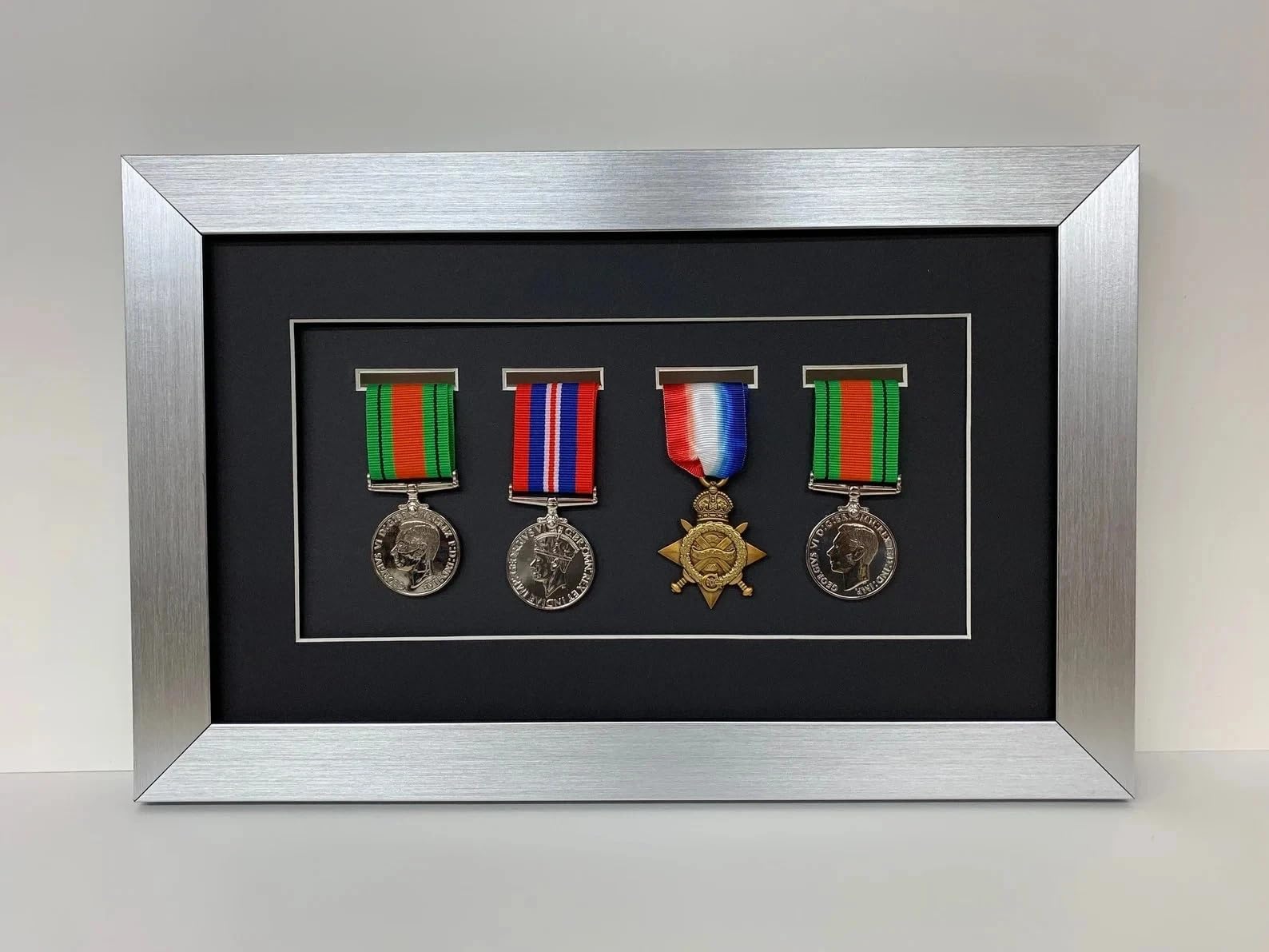Kwik Picture Framing Ltd 4 Medal Military Shadow Box Display Frame 40x26cm, Black Mount - War Medal Display Case | Army Navy RAF Wall Mounted Memorabilia Holder