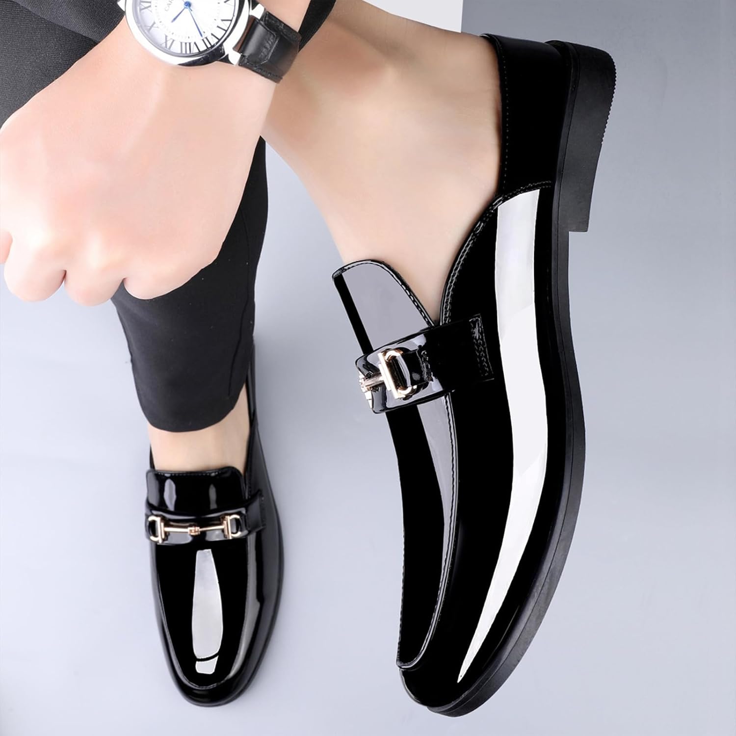 Men's Patent Leather Slip-On Dress Mules Slippers Fashion Printing Comfort Round Toe Low Heel Open Backless Casual Clogs Loafers with Metal Buckle Decoration - Image 2