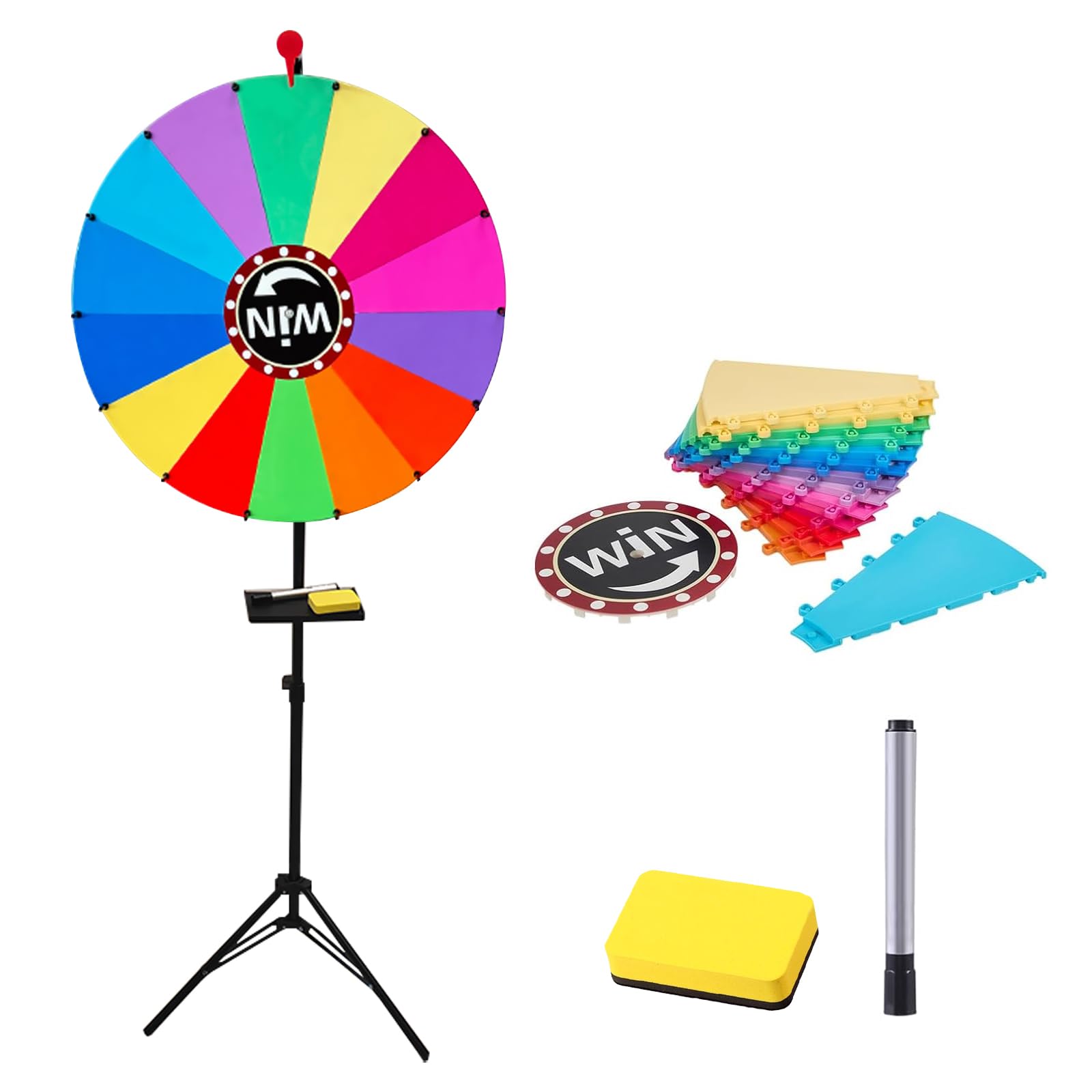 Gelukswiel met statief, gelukswiel om te draaien, 60 cm, draaiwiel, speelgoed, kleurwiel, spelletjes, ideaal in hoogte verstelbaar, 18 sleen voor feest, carnaval, evenement