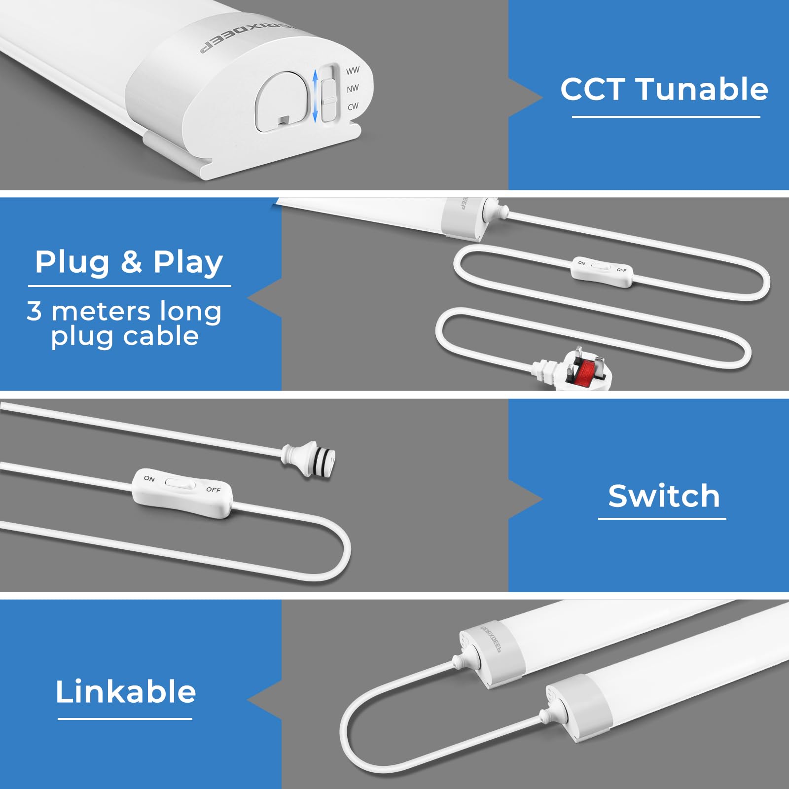 CCT Tunable LED Batten Light 1.3ft, Waterproof Plug in Strip Lights with Adjustable Colour for Cupboard Kitchen Cabinet - Image 3