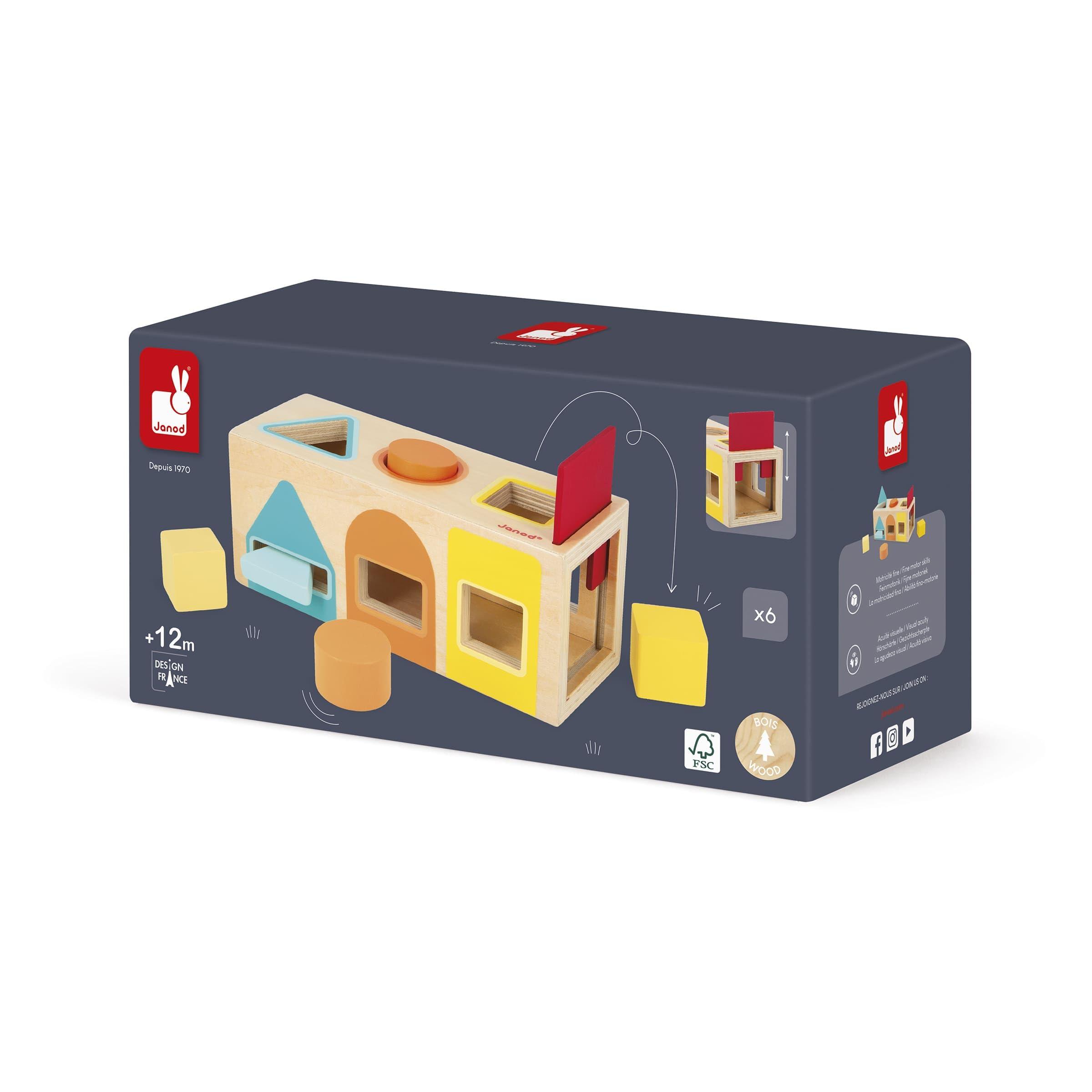 Janod - Geometric Shape Box (Wood) - Wooden Early-Learning Toy - Educational Game - Fine Motor Skills - 12 Months - J05330