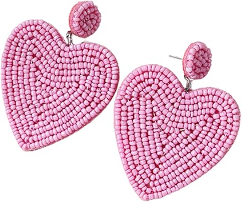 Heart Beaded Earrings Bohemian Handmade Seed Bead Heart Hoop Dangle Earrings Statement Earrings for Women Birthday Valentines Day Jewelry