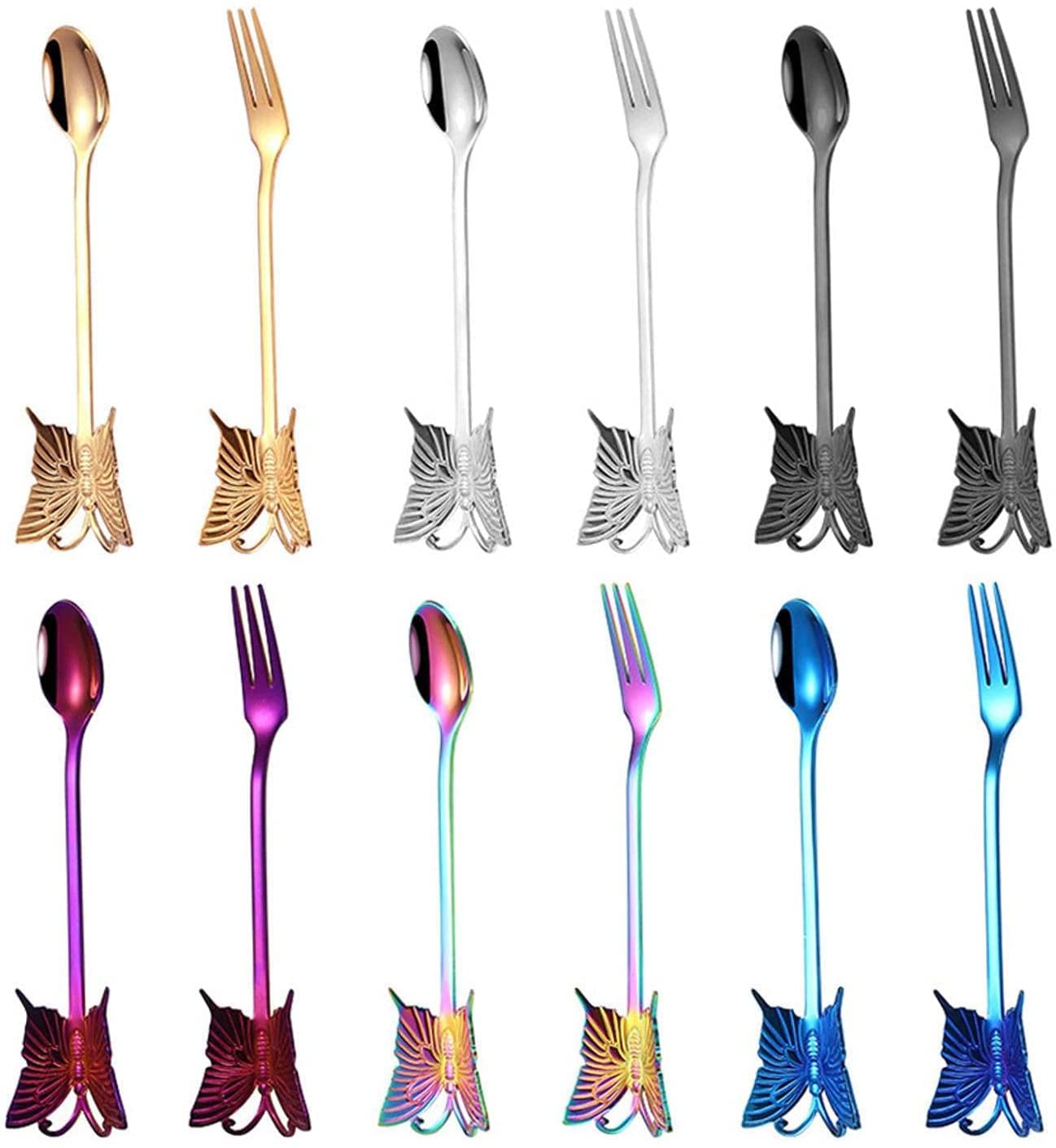 Cucharas De Mesa Manija mariposa cucharadita de acero inoxidable cuchara café dulce postre fruta horquilla espejo pulido Pulido vajilla Sopa Antigoteo Servir(Gold Fork)