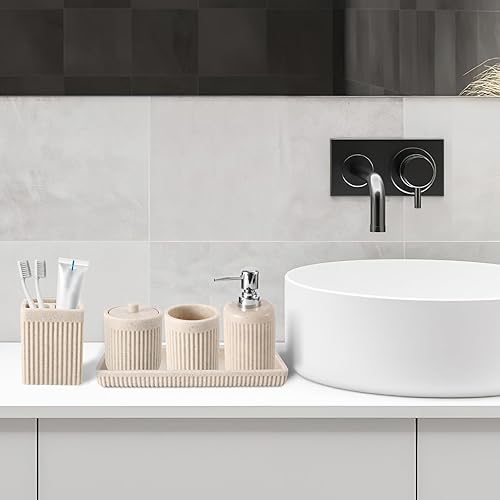 Miniatura 8 de Juego de 5 accesorios de baño de resina beige, dispensador de jabón de loción, soporte para cepillos de dientes, vaso de baño, tarro de hisopo de