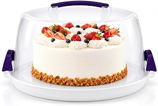 Cake and Cupcake Carrier with Reversible Base, Fits One 10 Inch Round Cake or 13 Cupcakes, Clear Dome with Secure Locking Lid, Portable Dessert Storage Container, Transparent White
