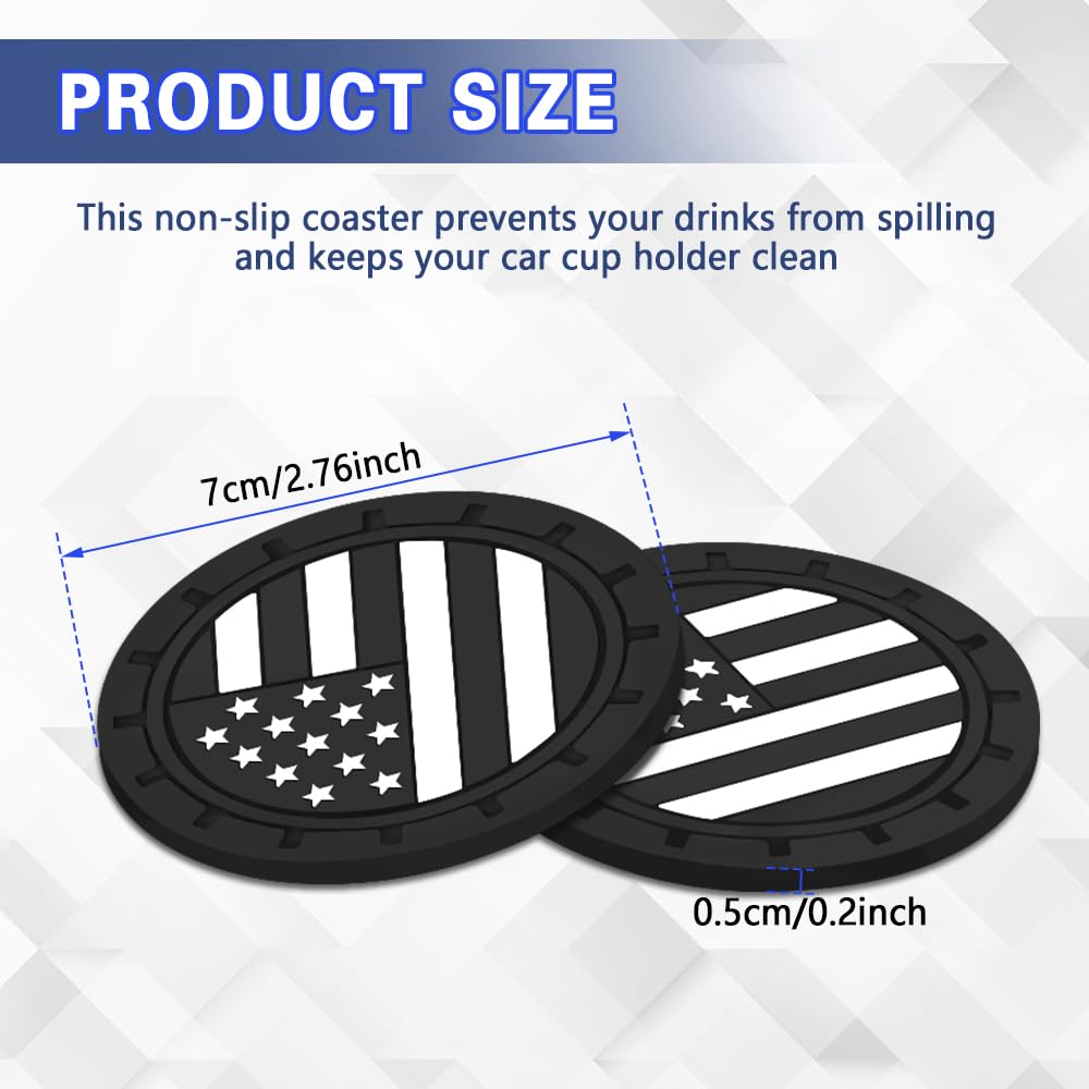 Zufoty Car Cup Holder Coaster, Non-Slip Car Cup Holders, 2.75 Inch US Flag Cup Holder, Vehicle Cup Holder Insert Coaster, Non Slip Silicone Car Cup Coaster, Universal Car Interior Accessories (Black)