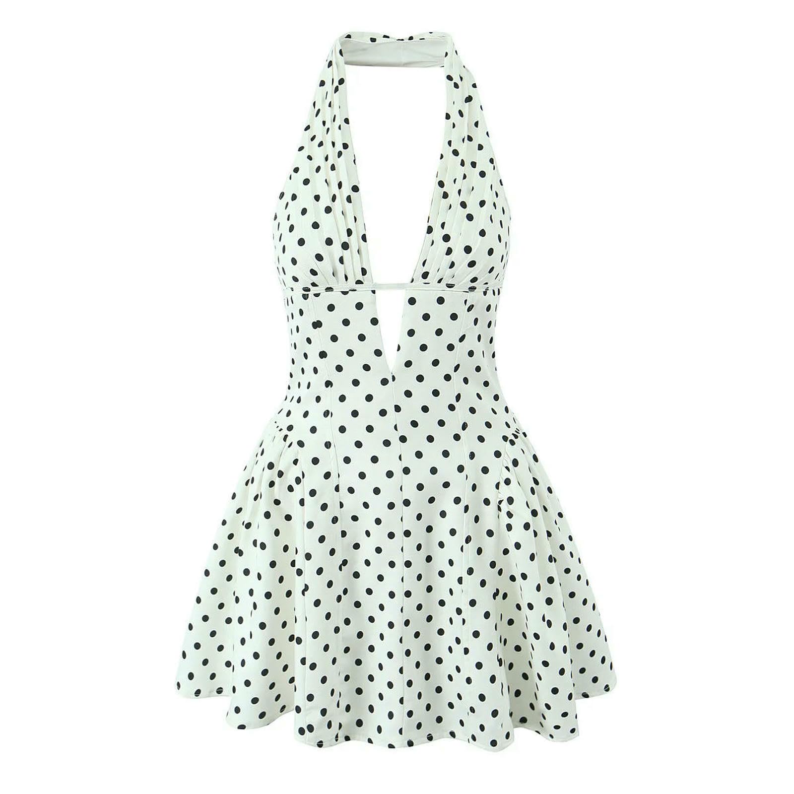 Vestito Donna Elegante Abito Stile Francese retrò A Pois con Scollo V Profondo da Sexy Senza Schienale A-Line Sottile Dolce Mini Abiti Estivo-Come Immagine-m