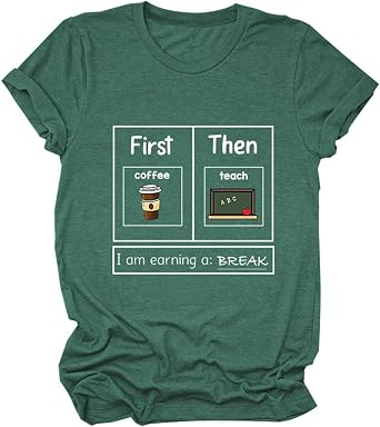 Teacher Shirts for Women First Coffee Then Teach T-Shirt Funny Graphic Teacher Life Tees Crewneck Short Sleeve Tops