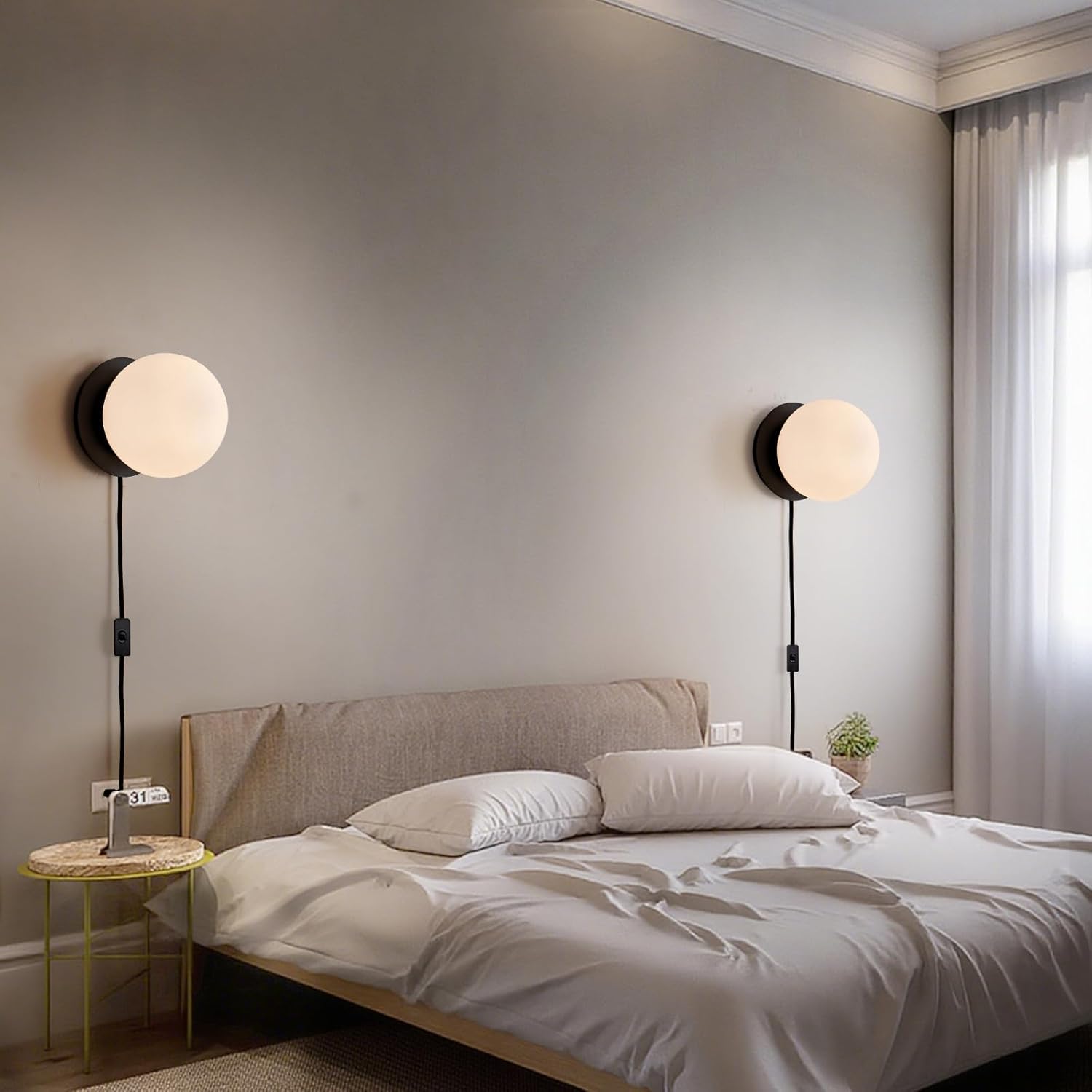 Modern Plug in Wall Sconces Set of 2, 1-Light Matte Black Sconce Wall Lighting Fixtures with Globe Milky White Glass Shade Cord with On Off Switch Wall Lamp for Living Room Bedroom Bathroom