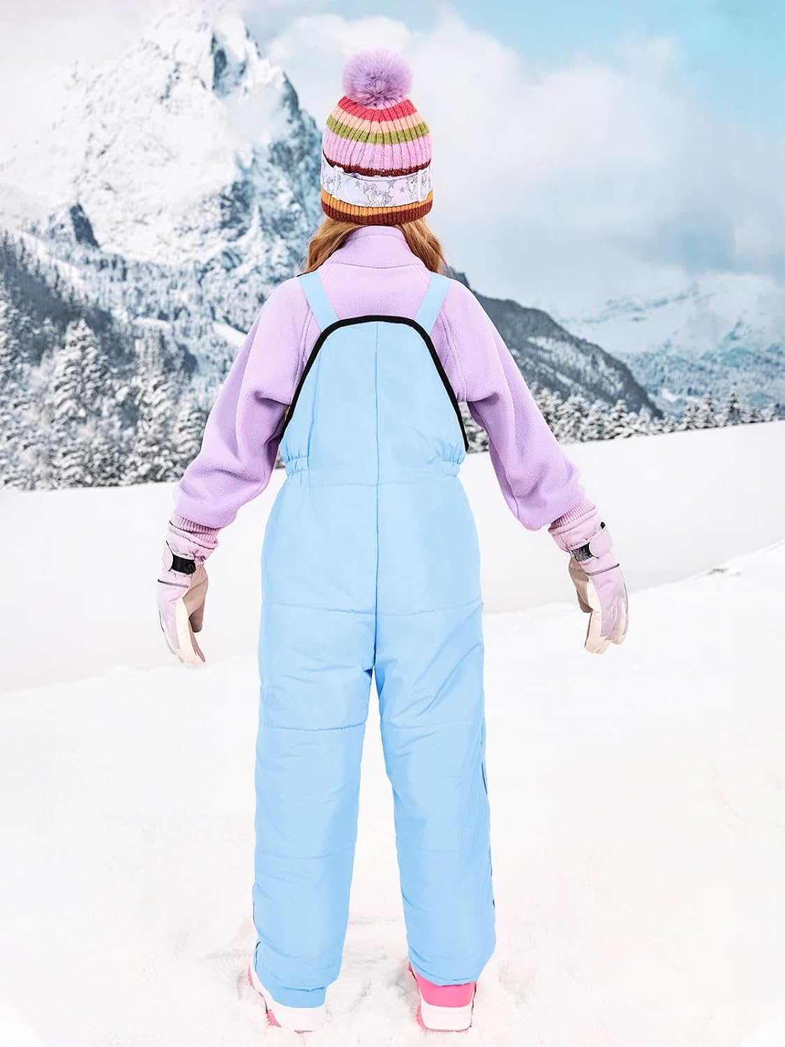 Haloumoning Girls Snow Bibs Kids Fleece Lined Waterproof Ski Pants Overalls with Pockets 4-12 Years