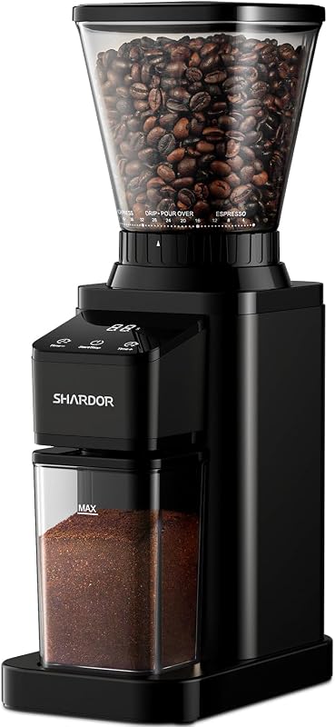 SHARDOR Professional Conical Burr Coffee Grinder, Coffee Bean Grinder with 48 Grind Settings for Espresso, Drip & French Press, Upgraded Anti-Static Technology, Precision Timer, Black | Electric Grinding for Home Use, LCD Touchscreen, Precision Timer, Detachable Parts, Low Speed, 150W Motor, 9.7 oz Hopper