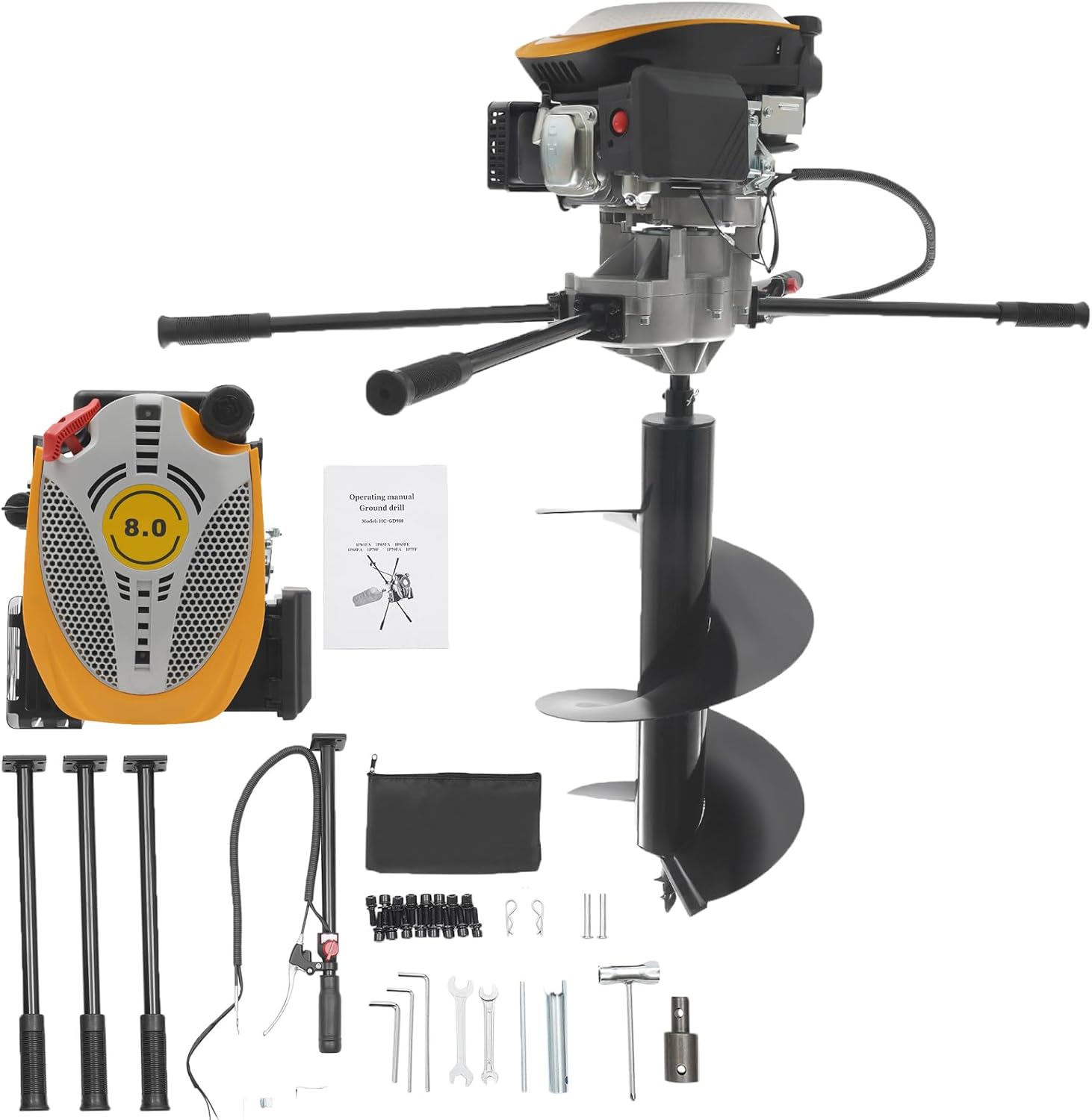 223CC 9HP 4-Stroke Gas Powered Earth Auger Post Hole Digger Borer Fence Ground Drill with 16" Auger Bit Set,Single Cylinder Horizontal Engine,for Garden and Lawn Drilling, Digging Post Holes