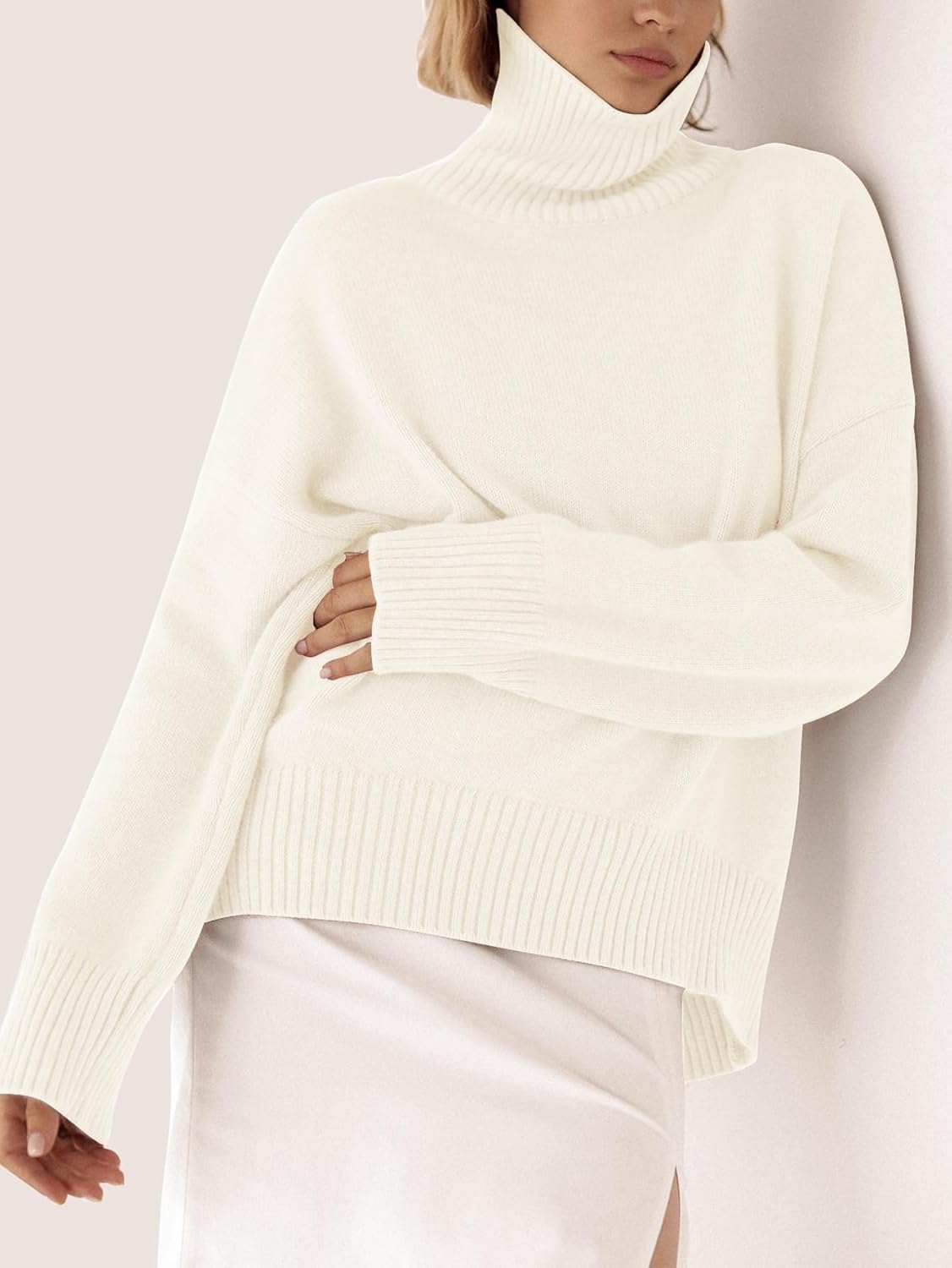 YKR Women's Turtleneck Sweater Chunky Long Sleeve Knitted Pullover High Low Hem Sweater 2024 Fall Winter Sweater Top White XL - Image 3