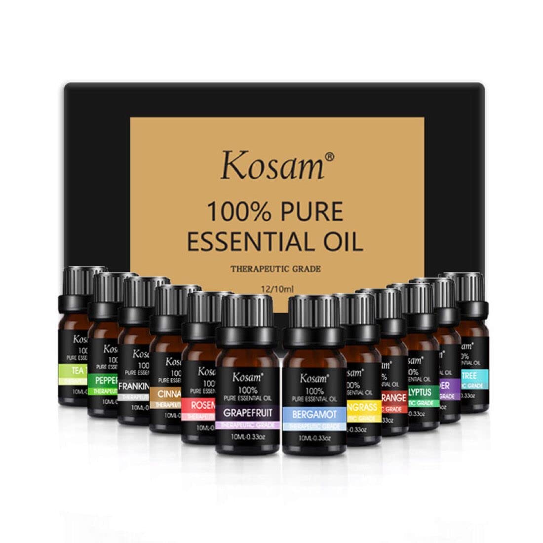 Essential Oils Set, by Kosam 12Pcs Aromatherapy Oils, 100% Pure Diffuser Oils, Therapeutic Grade Lavender, Sweet Orange, Tea Tree, Eucalyptus, Lemongrass, Peppermint, Bergamot, Frankincense and more