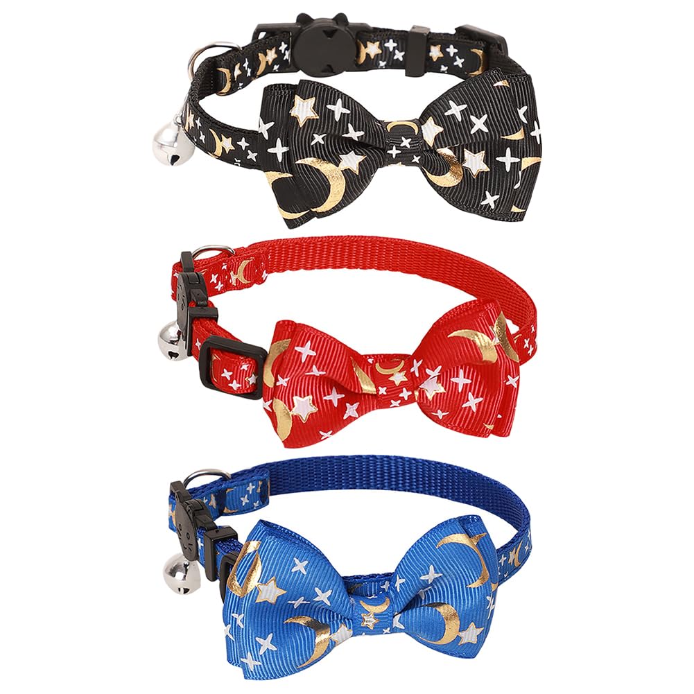 JIHUOO 3 Pcs Moon Star Cat Collars Kitten Bowtie Collar Small Dog Vow Ties with Bell Quick Release Safety Collars for Kitten Cats Black Red Blue