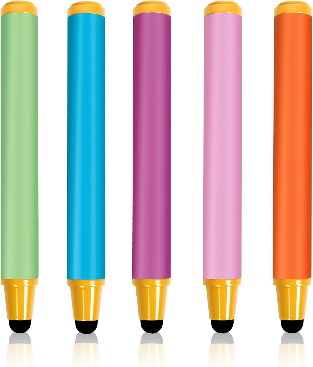 AGREJO Kid-Friendly Stylus Pens for Touch Screens, Crayon Stylus Pen for iPhone Ipad Air Mini Pro, Fire HD Kids Tablet, Android Tablet, Dragon Touch - Blue Pink Green Purple Red (5 Pack)