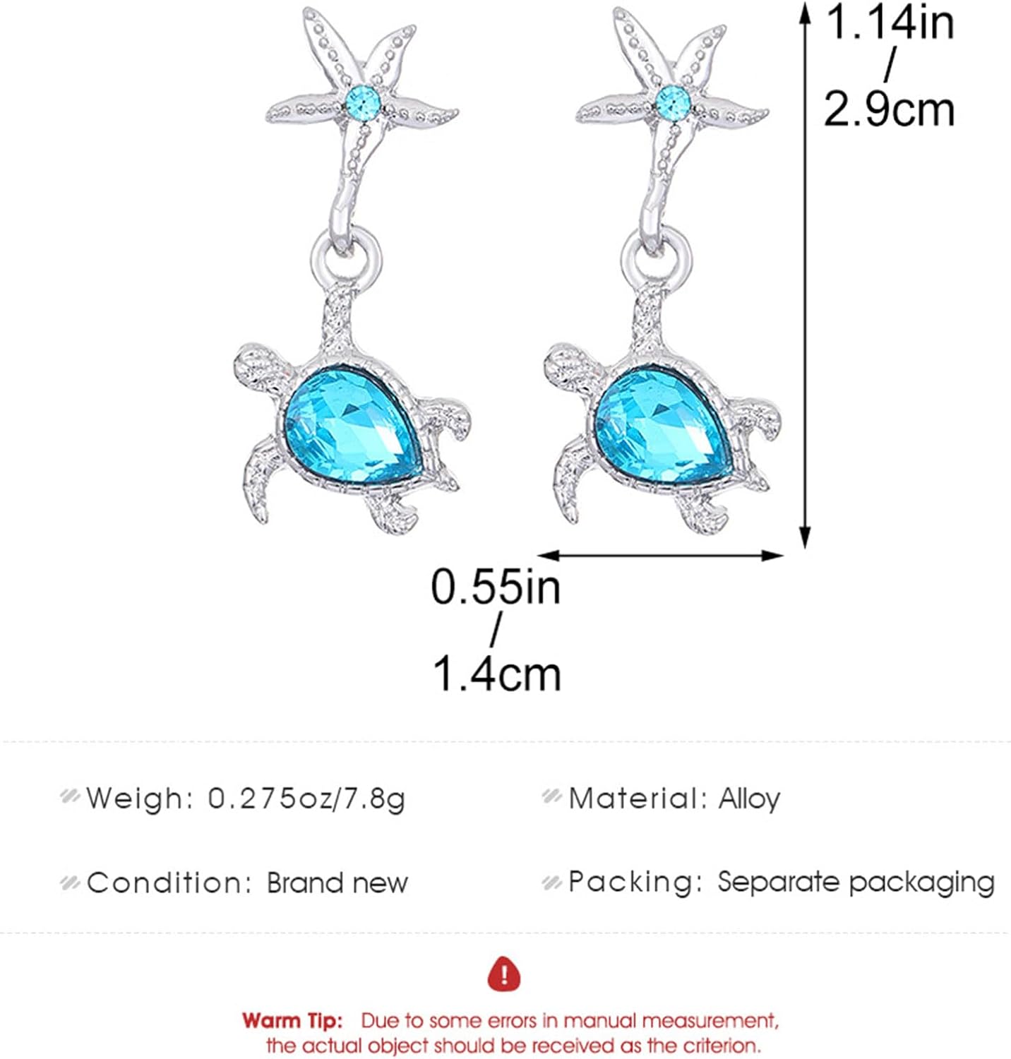 Boho Starfish Turtle Earrings Blue Crystal Sea Turtle Dangle Drop Earrings Diamond CZ Starfish Stud Earrings Summer Beach Tortoise Animal Statement Earrings Ocean Jewelry for Women - Image 5