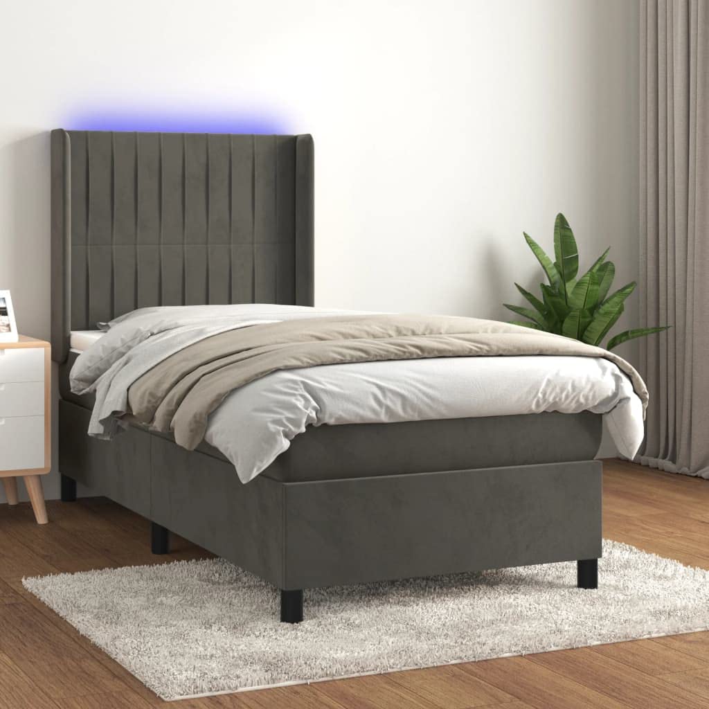 3139656 łóżko kontynentalne z materacem i materacem LED, ze skrzynią na pościel, ciemnoszare, 90 x 190 cm, aksamitne