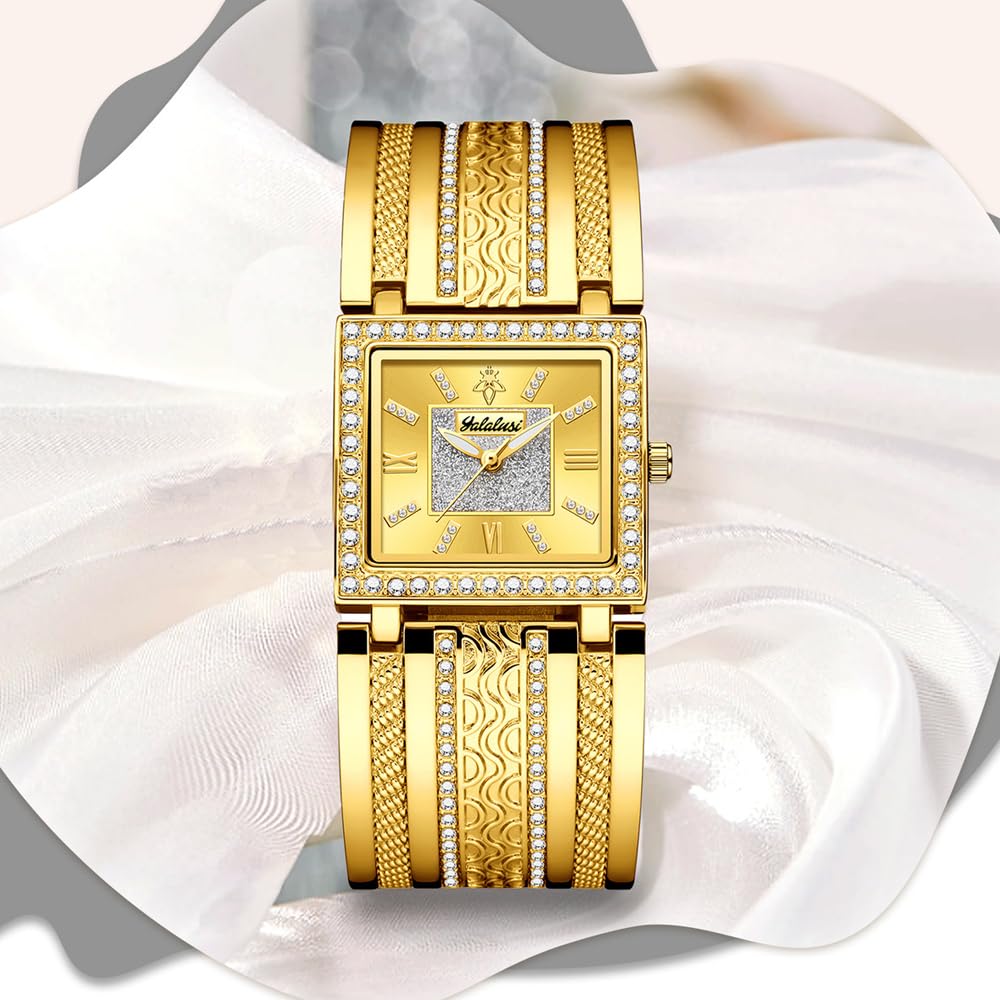 Orologio da polso analogico al quarzo da donna, quadrante quadrato con cristalli, con scatola