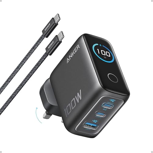 Anker 100W Power Delivery 3-Port Wall Charger with USB-C Cable, Dark Gray