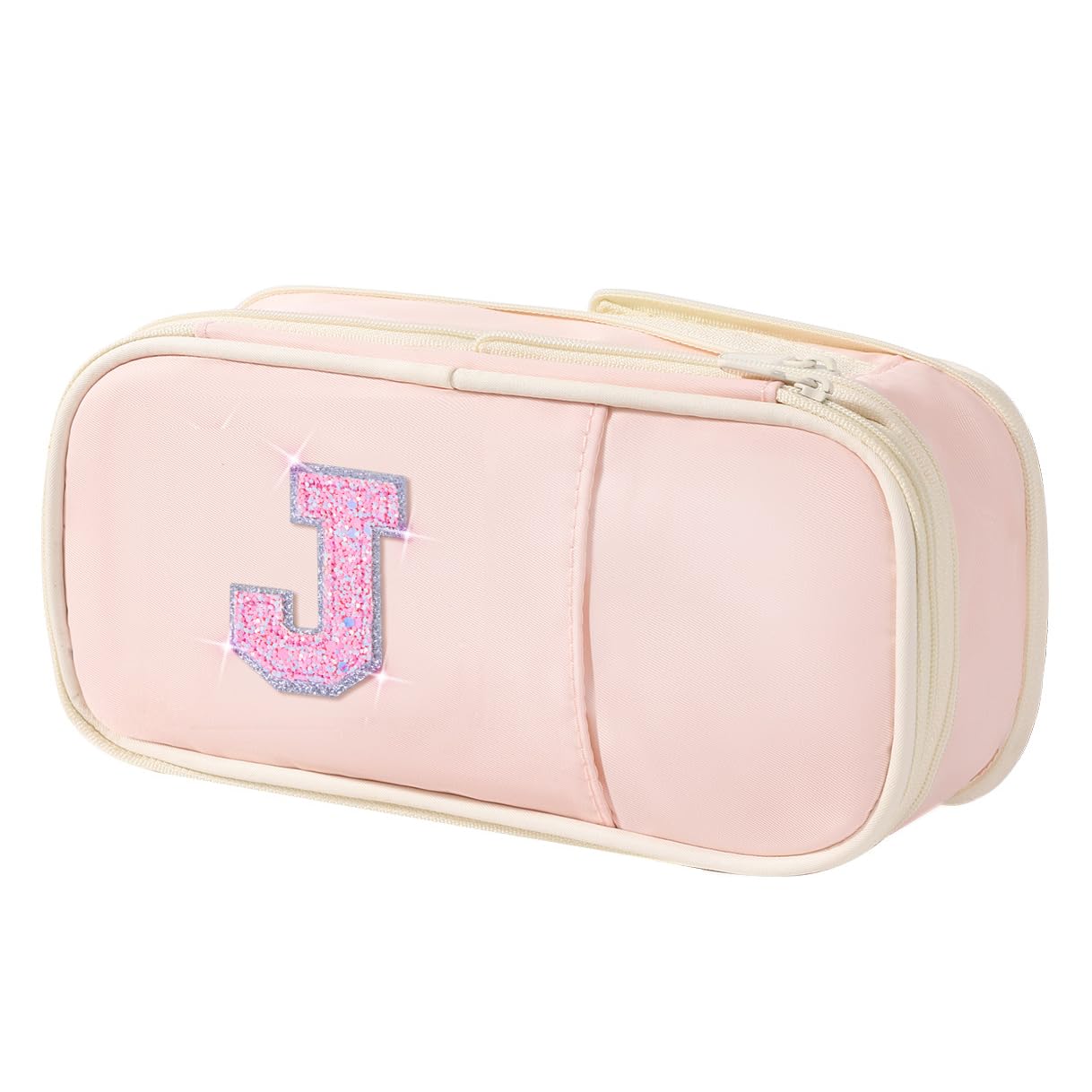 Janhavi Initial Large Capacity Premium Oxford Cute Aesthetic Pencil Case Pouch Bag Special School Supplies Colored Stationery Organizer Gifts for Girls, Women, Adults, Pink, Large, J — image 1