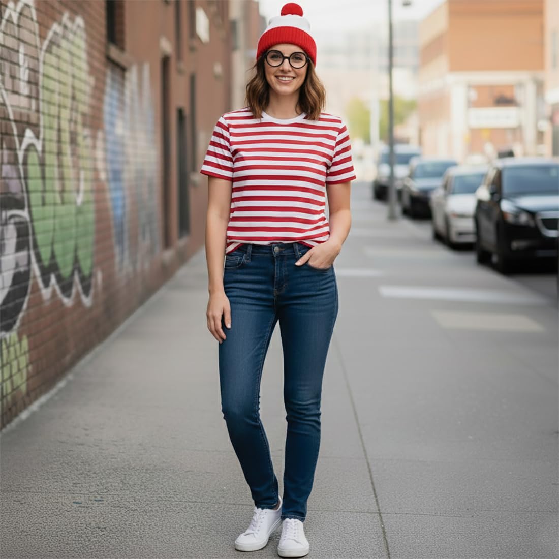 FASHIONISM Mens Womerns Red and White Stripe T Shirt Hat Glasses 3 pcs Set Unisex Fancy Dress Book Week Costume (3Pcs Set Medium) - Image 2