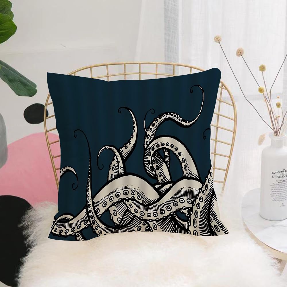 HYOSXW Cushion Cover,Throw Pillow Case Home Decorative for Living Room Bedroom Sofa Chair 16X16 Inch,Octopus art, complex limb details in bright black and white style on blue backg,Pillowcase 40X40cm