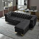 Snooze Chesterfield 3 Seater Sofa with Chaise Lounge – L Shape Right/Left Hand Corner Sofa – Deep Button Tufted Design with Gold Metal Legs – Couch for Living Room (Black, Right Hand Chaise)