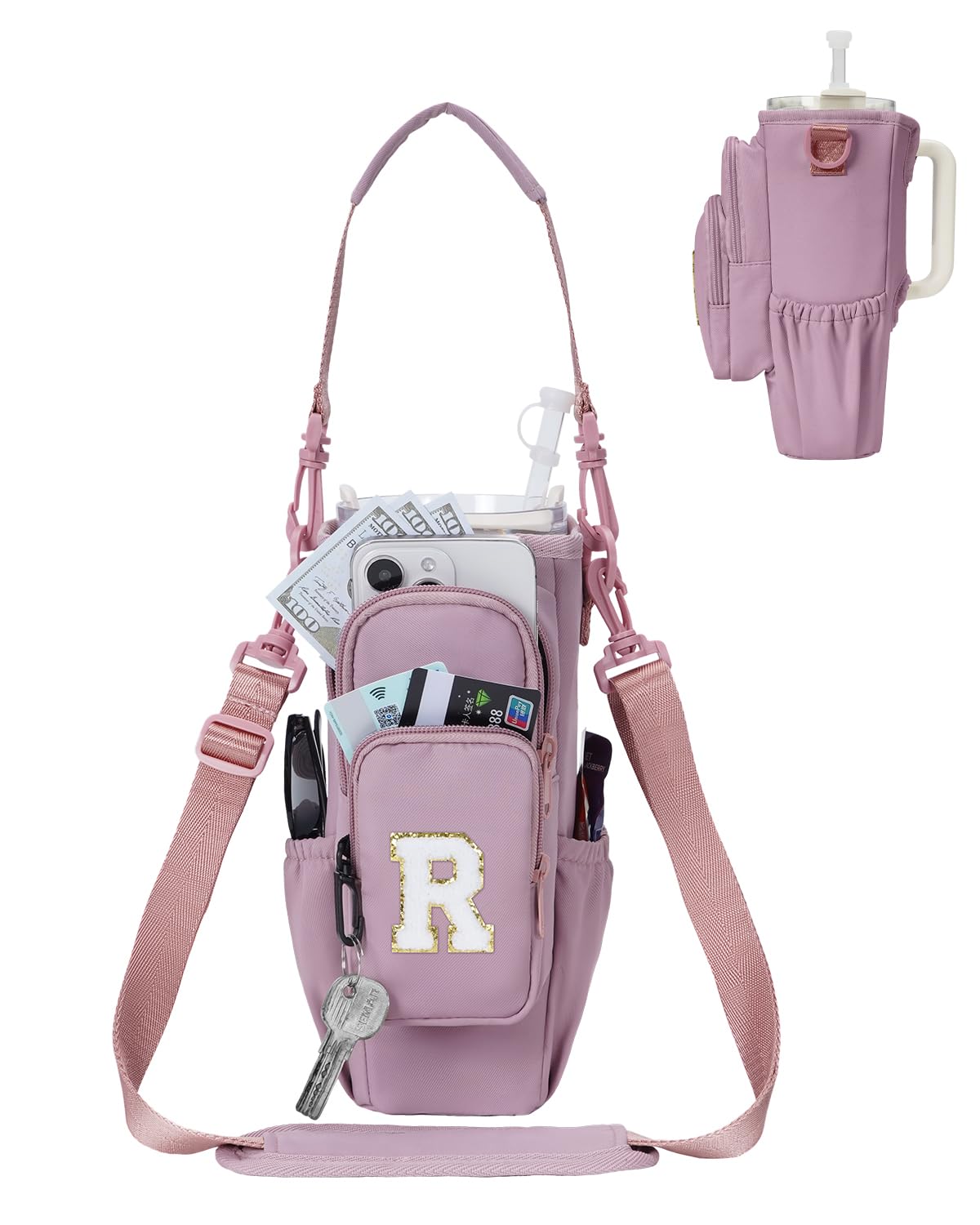 sportsnew Birthday Gifts for Women Personalized Initial Water Bottle Holder with Strap fits most 40oz Tumbler with Handle Water Bottle Carrier Bag with Phone Pocket & Straw Topper Tumbler Accessories