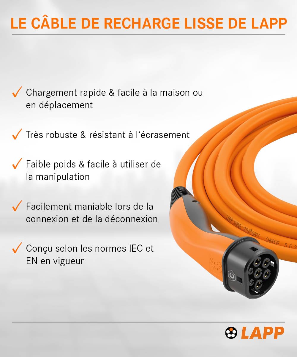Lapp Mobility Cable Recharge Voiture Électrique 5m Type 2-22kW, 32A, Mode 3 - Câble de Recharge Type 2, Chargeur de véhicule électrique, Résistant à l'eau IP55, Fabriqué en Allemagne - 5m Orange