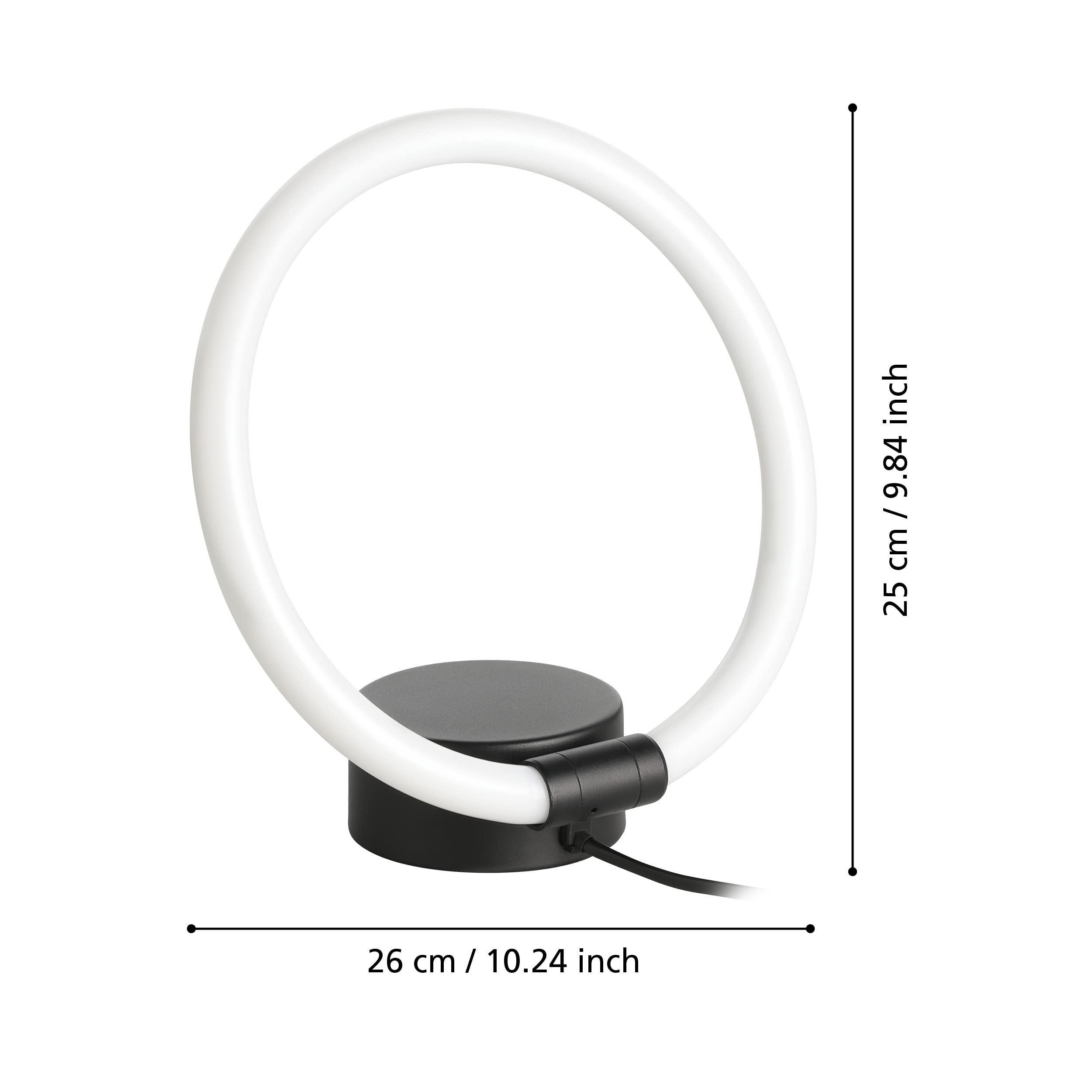 EGLO lámpara de mesa de noche con anillo LED Caranacoa, luz | de cabecera minimalista metálica en negro y plástico en blanco, iluminación dormitorio blanco-cálido