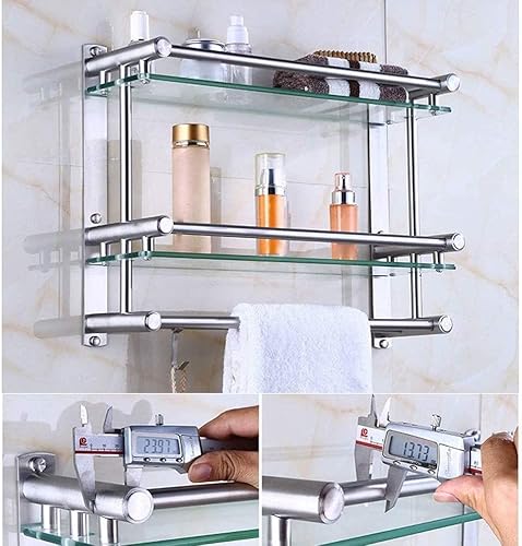 Miniatura 6 de WOLWES SUS304 - Estante de cristal de baño de acero inoxidable con toallero y gancho movible, montaje en pared a prueba de óxido, 15.7-19.7 in,