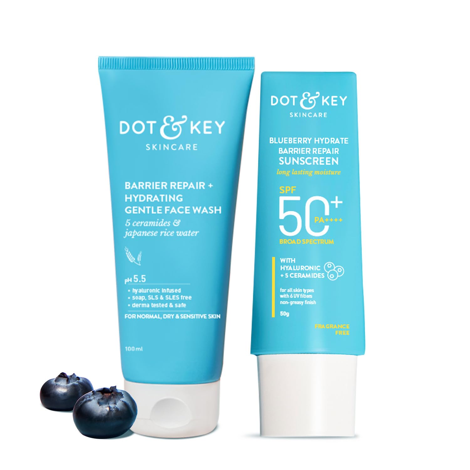 Dot & Key Barrier Repair + Hydrating Gentle Face Wash 100ml & Dot & Key Blueberry Hydrate Barrier Repair Sunscreen SPF 50+ PA++++ 50g | Skin Care Combo | For Dry & Sensitive Skin | For Women & Men
