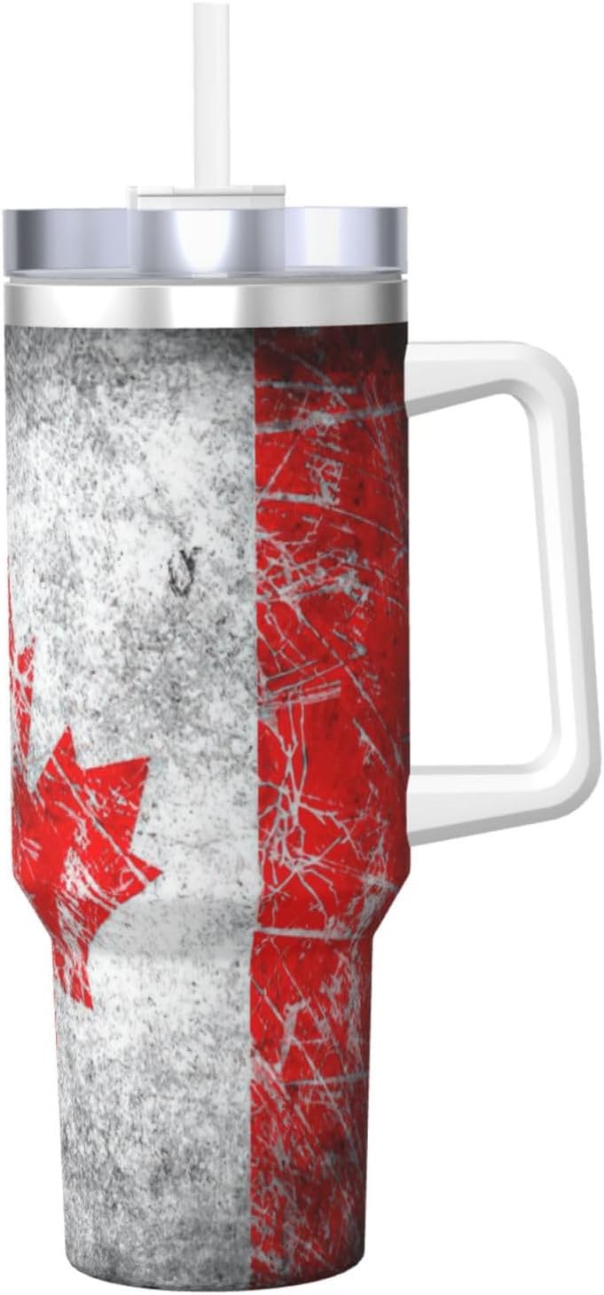 40 OZ Retro Canada Flag Print Ice Bully Cup with Handle Straw Lid Straw,Stainless Steel Tumbler Coffee Cup