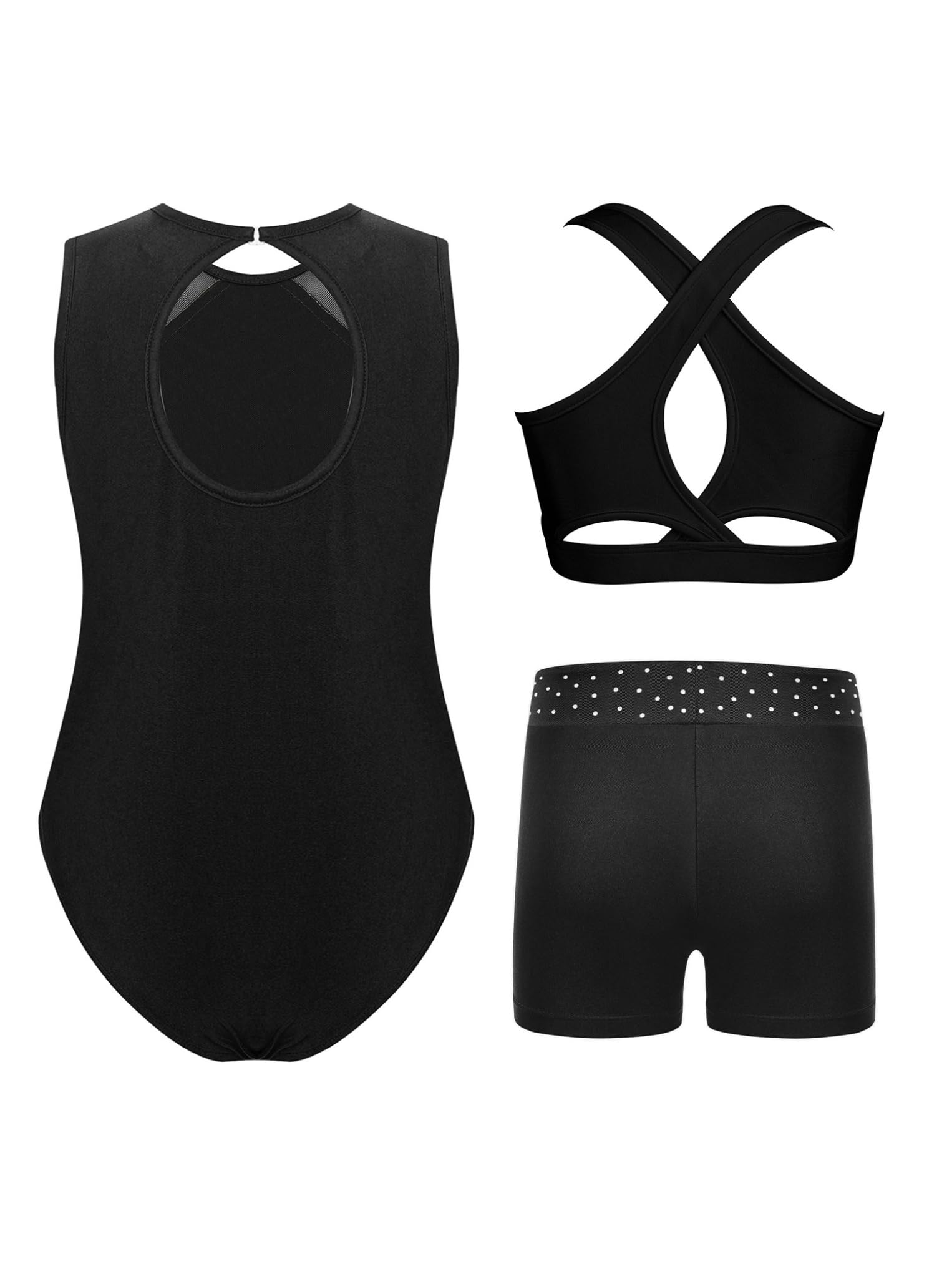 Oyolan Justaucorps Gymnastique Fille 3 Pièces avec Short Débardeur Tenue Danse Patinage