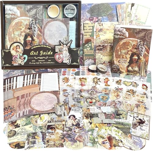 Image of FunBlast Aesthetic Scrapbooking Kit - 213 Pcs Vintage Junk Journal Supplies with Scrapbook Paper, Washi Stickers, A6 Grid Notebook, DIY Craft Journaling Gift for Teen, Girl, Adult (Dark Brown)