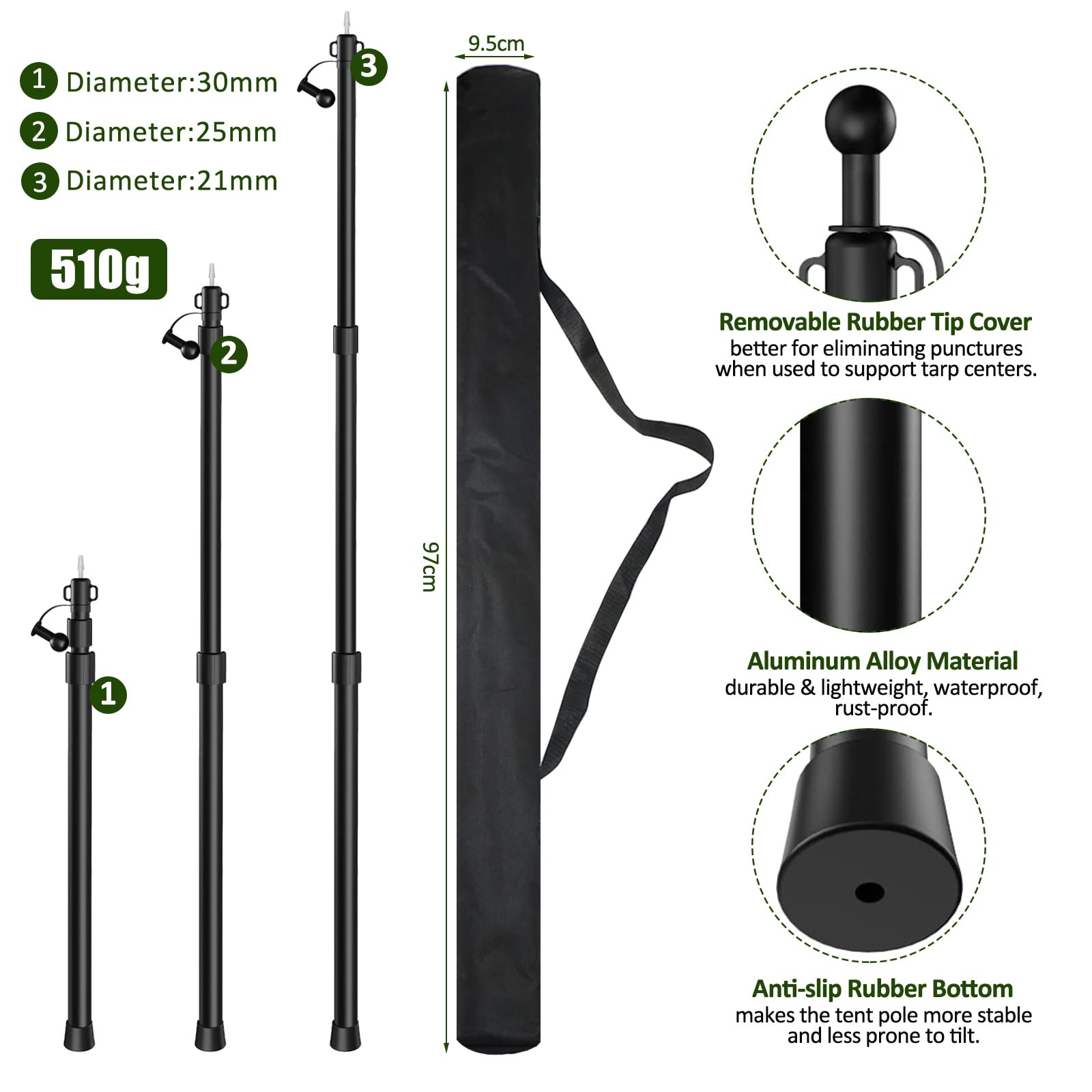 Lot De 2 Mâts Télescopiques Pour Tente - Aluminium - Réglables - Avec Cordes Et Clous