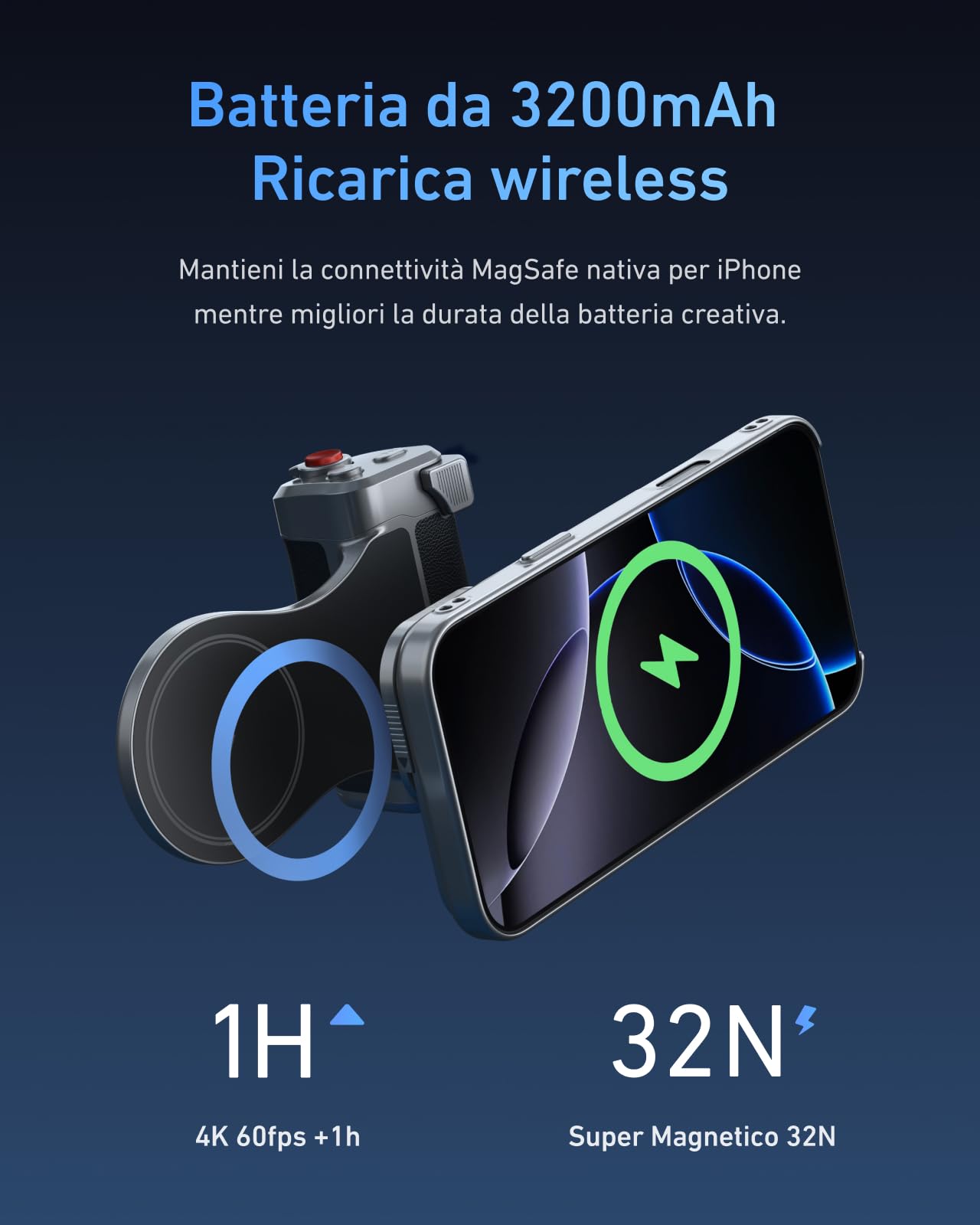 TELESIN Master Grip Kit, Magnetica Impugnatura per MagSafe/iPhone/Android, Integrata 3200 mAh Batteria, Ricarica Wireless, DSLR Stile Impugnatura per Foto/Video, Kit con Custodia per iPhone 17 Pro Max