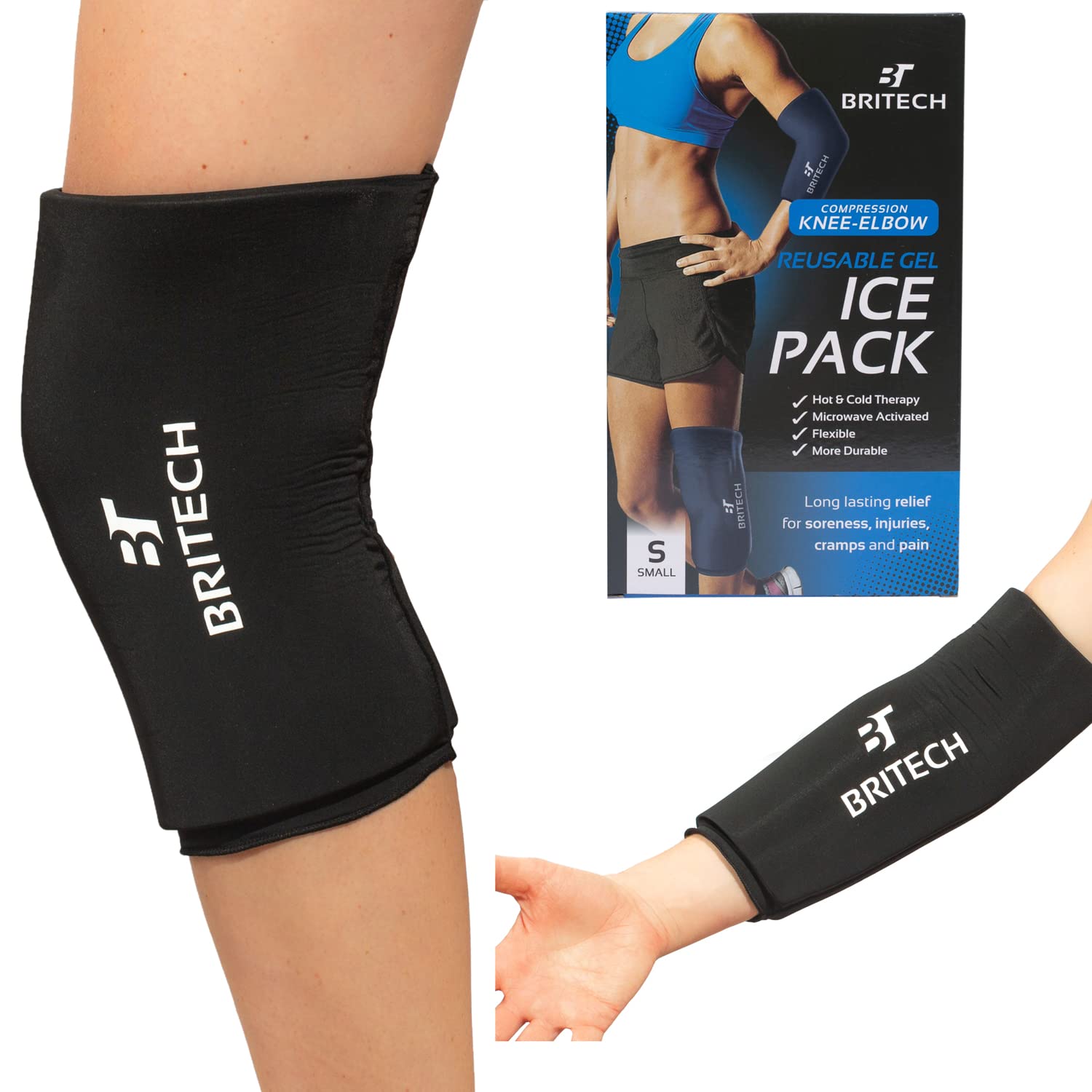 Photo 1 of Britech Elbow & Knee Ice Pack for Injuries Reusable Compression Sleeve – Knee Brace for Knee Pain, Elbow Pain, Ankle & Calf – Flexible Gel Cold Wrap for Recovery for Meniscus, ACL, MCL, Bursitis Pain Relief (Small)