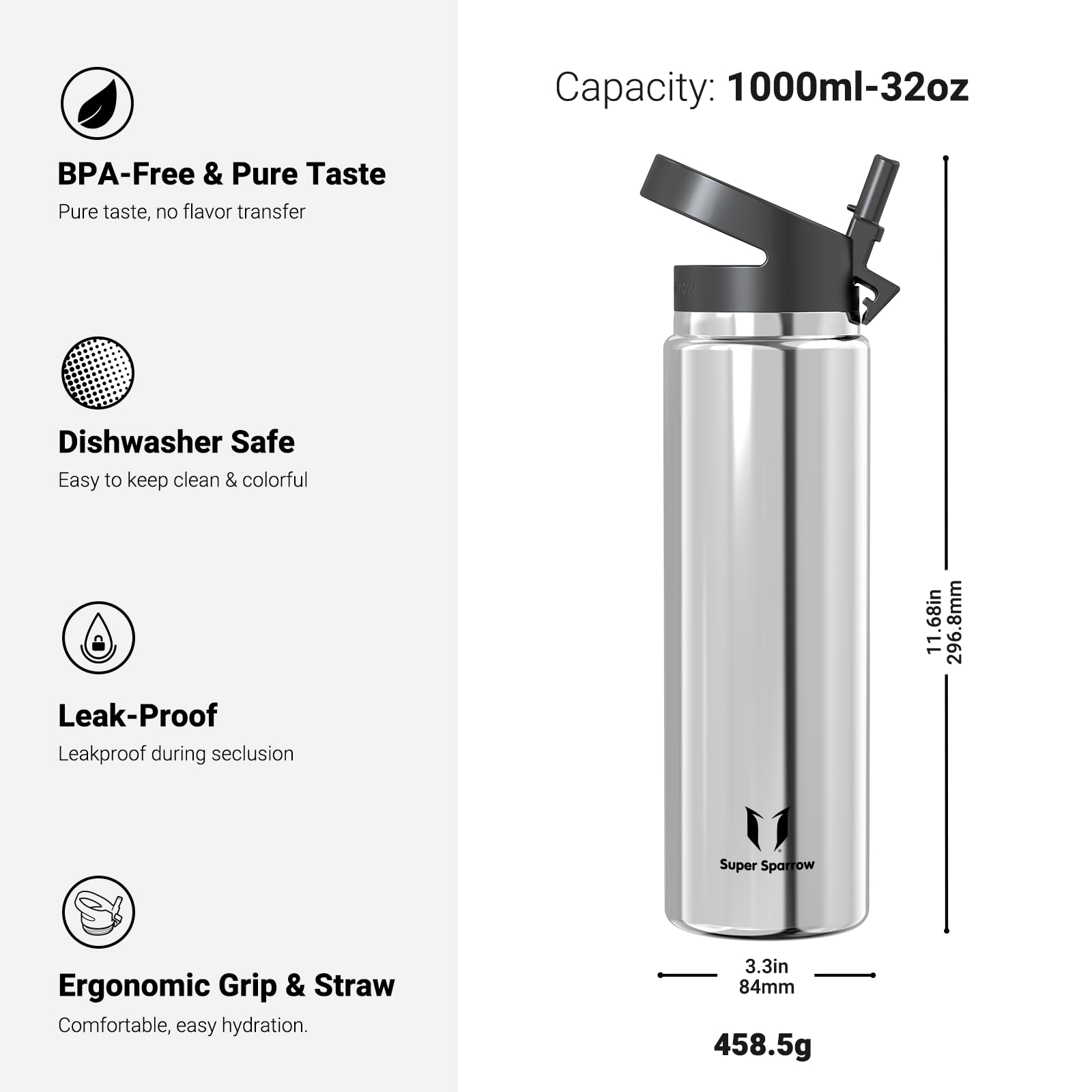Super Sparrow Borraccia Termica - 500ml, 750ml, 1000ml, 1.2L, 1.5L- SwivelSip Inox Bottiglia - Senza BPA Borracce Termiche, Borraccia Ergonomica per Bambini, Sportiva, Bici, Campeggio, Palestra