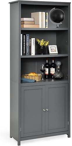 Estantería con armario de almacenamiento, estante abierto de 3 niveles, estantería alta de pie con puertas dobles, dispositivo antivuelco y estantes