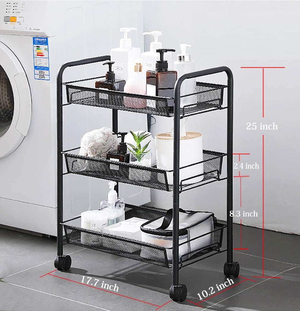 Amlanpin Rolling Storage Cart 3-Tier Metal Mesh Basket Shelves Organizer with Wheels for Home,Office,Kitchen,Bathroom,Bedroom(Black) : Office Products