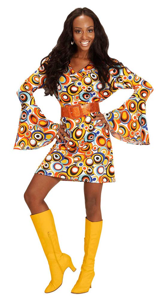 W WIDMANN MILANO Party Fashion - 70er Jahre Kleid für Damen, Kreismuster, mit Trompetenärmeln, Kostüm für Karneval, Festival, Mottoparty