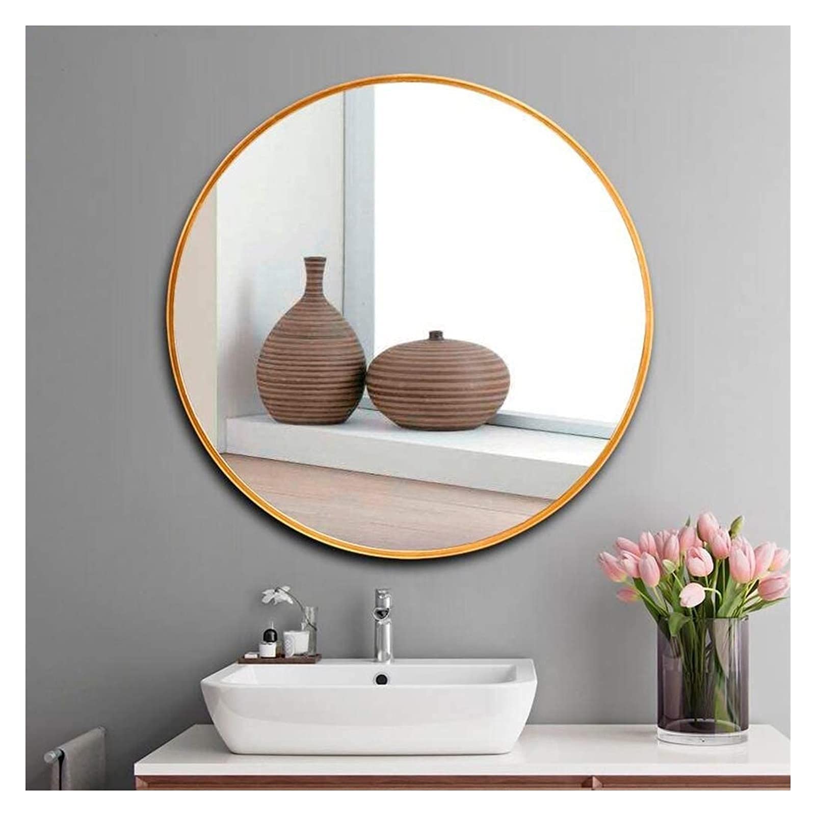 TYUHDUYUR Large Round Wall Mounted Mirror for Bathroom | Cicular Wall Mirror | Decorative Mirrors for Wall | Vanity Shaving Make up Mirrors Living Room Entryway Bedroom Gold Home De
