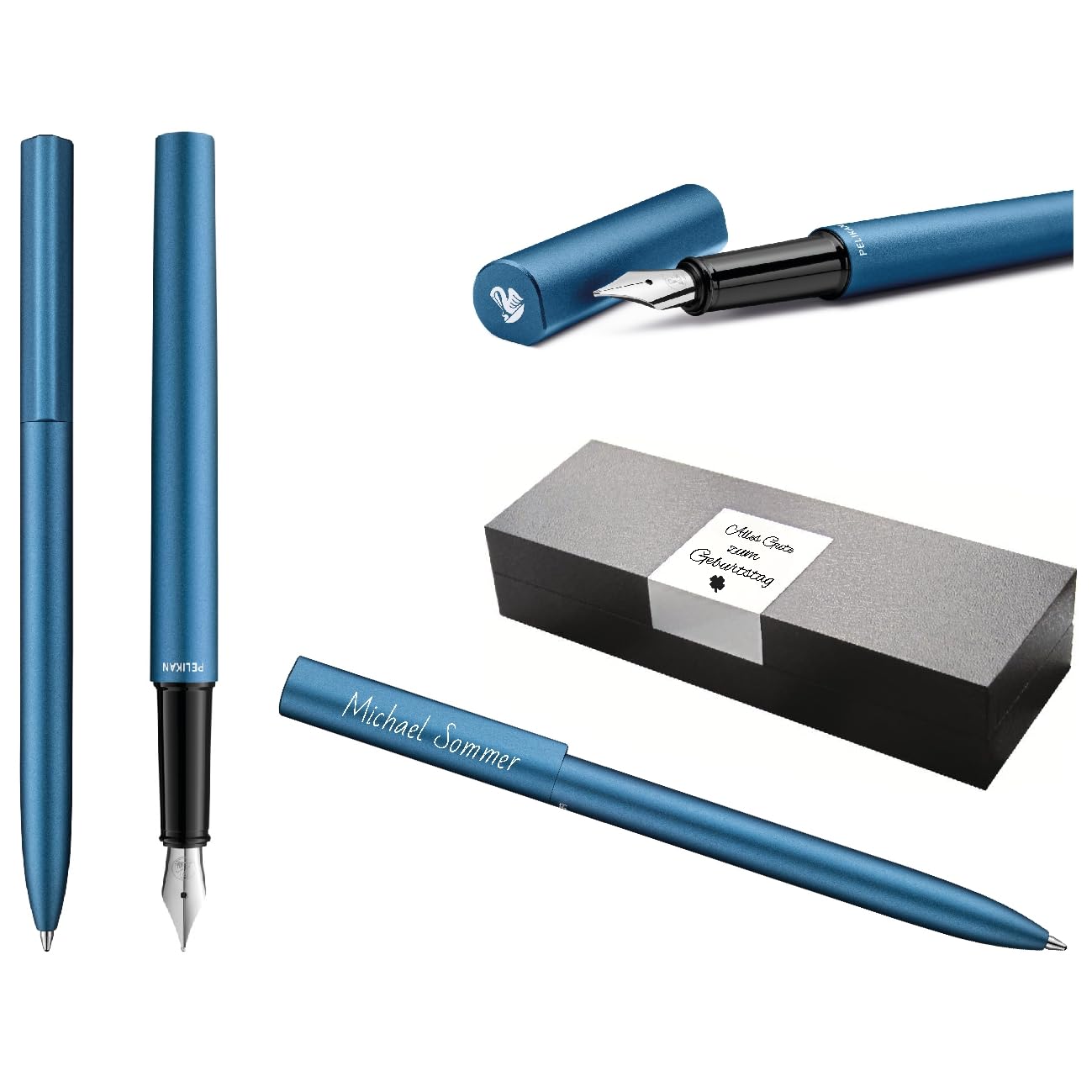 Pelikan Ineo® Elements Füllhalter und Kugelschreiber mit Gravur Geschenk Premium Stift | Geschenkbox | blaue Mine | personalisiertes Geschenk | Namen graviert | Geburtstag (Petrol-Blau)