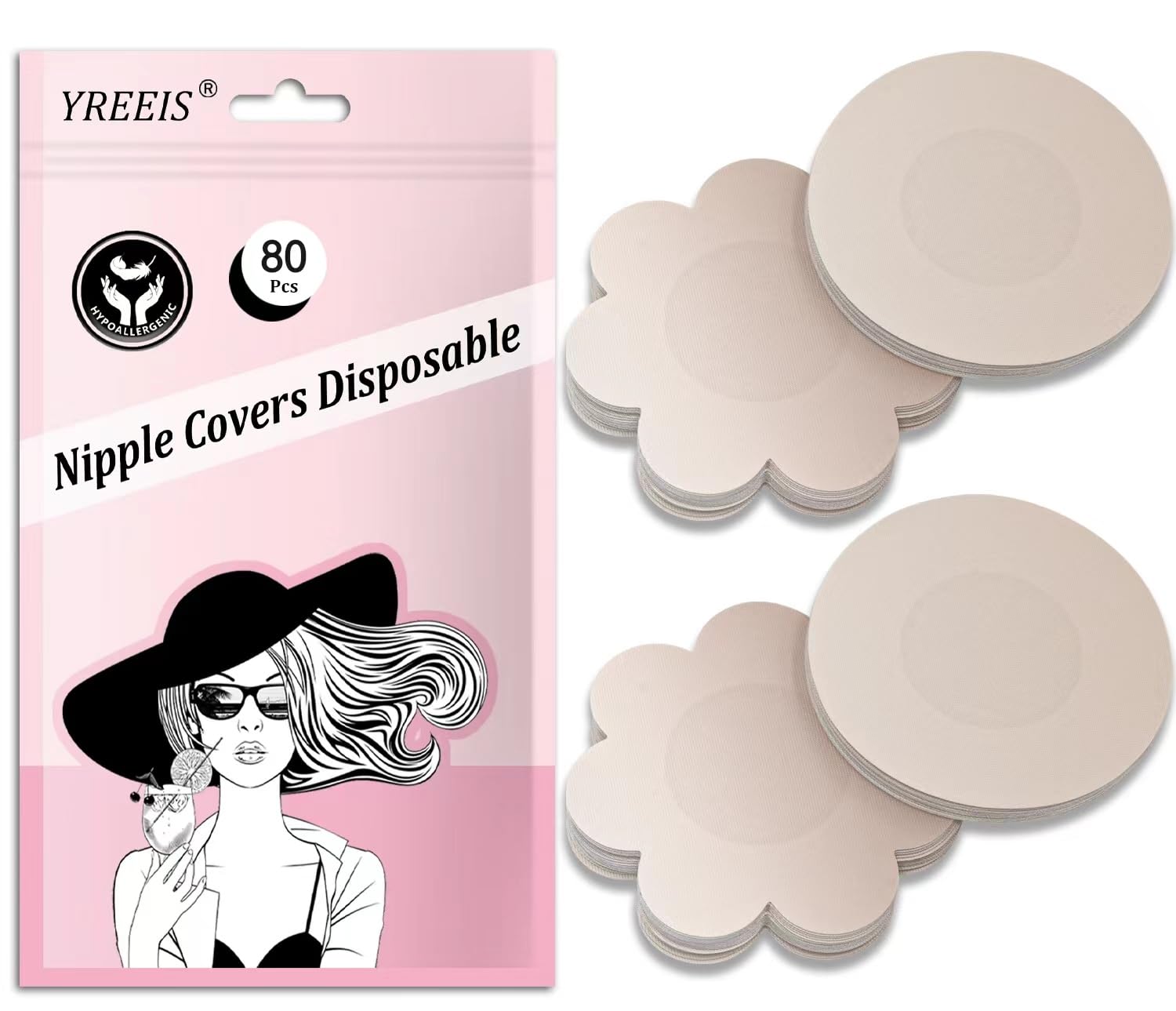 80 Pcs Pasties Nipple Covers No-Show Hypoallergenic Disposable Nipple Pasties For Women Satin Breast Petals Stickers (Nude)