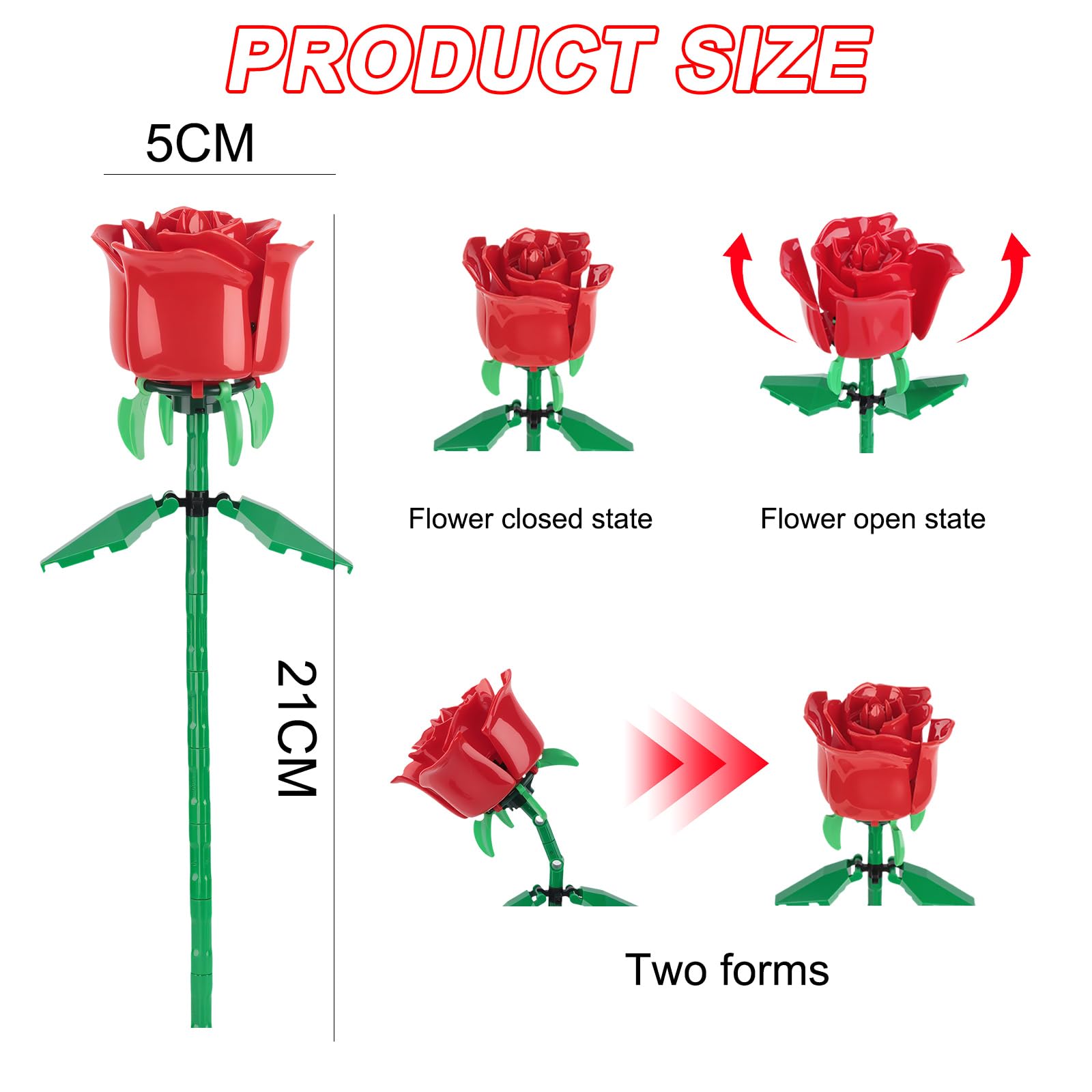 CMANLNYK 186pcs Flowers Bouquet Building Set, 3 Artificial Red Roses Botanical Collection Blocks, Building Block Kit - Image 2